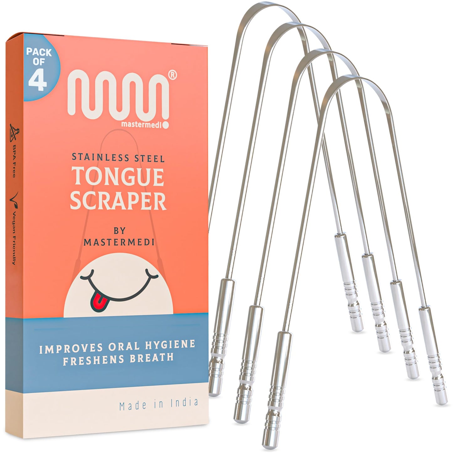MasterMedi Tongue Scraper for Adults with Multicolor Travel Cases (2 Pack), 100% Stainless Steel, Reduce Bad Breath, Tongue Scrubber, Easy to Use, Tongue Cleaner for Oral Care & Hygiene