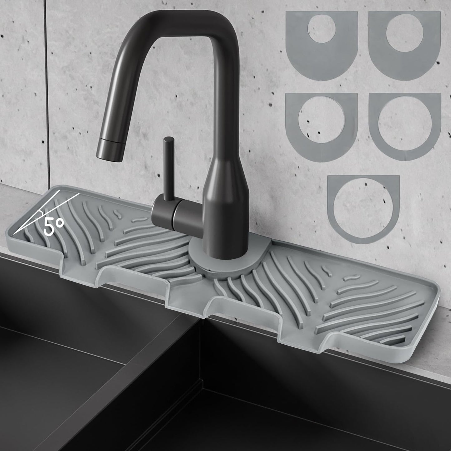 Silicone Faucet Splash Guard - 5°Slope Kitchen Sink Splash Guard, 14.6x5.2x0.8 Inch Faucet Mat for Kitchen Sink with 5 Sizes of Rubber Rings, Silicone Sink Mat for Kitchen Bathroom(Black)