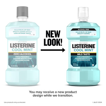 Listerine Cool Mint Alcohol Free Mouthwash, Oral Rinse to Kill 99.9% of Germs That Cause Bad Breath for Fresh Breath & Clean Mouth, Less Intense Taste, Cool Mint Flavor, 1 L