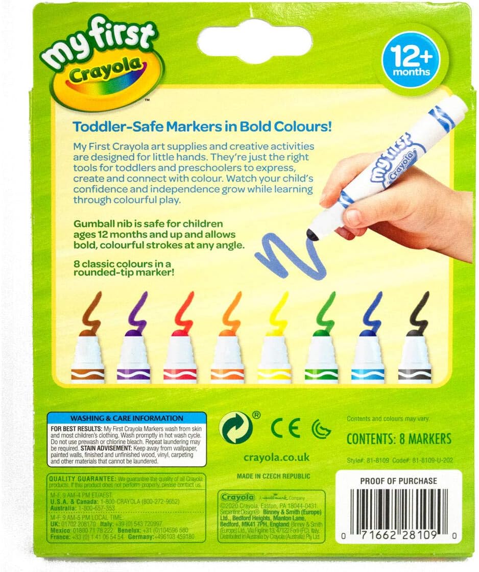 CRAYOLA MyFirst Washable Markers - Assorted Colours (Pack of 8) | Easy-Grip Markers Ideal for Toddlers Hands | Ideal for Kids Aged 12+ Months