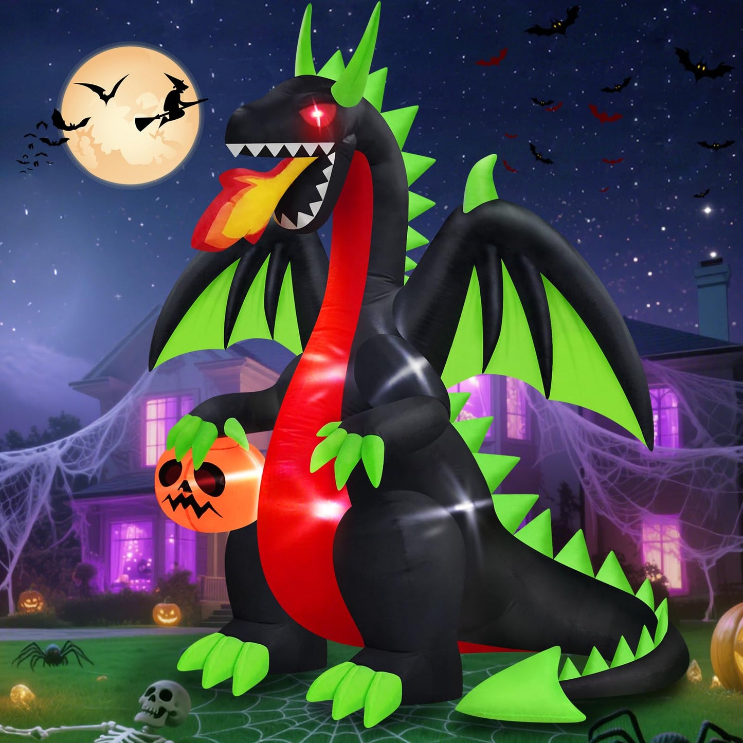 MICOCAH Halloween Inflatables Outdoor Decorations 8 FT Long Funny Pumpkin Black Cat Blow Up Lanterns Built-in LED Lights with Ghost Tombstone Scary Yard Decoration for Holiday Party Outside Lawn