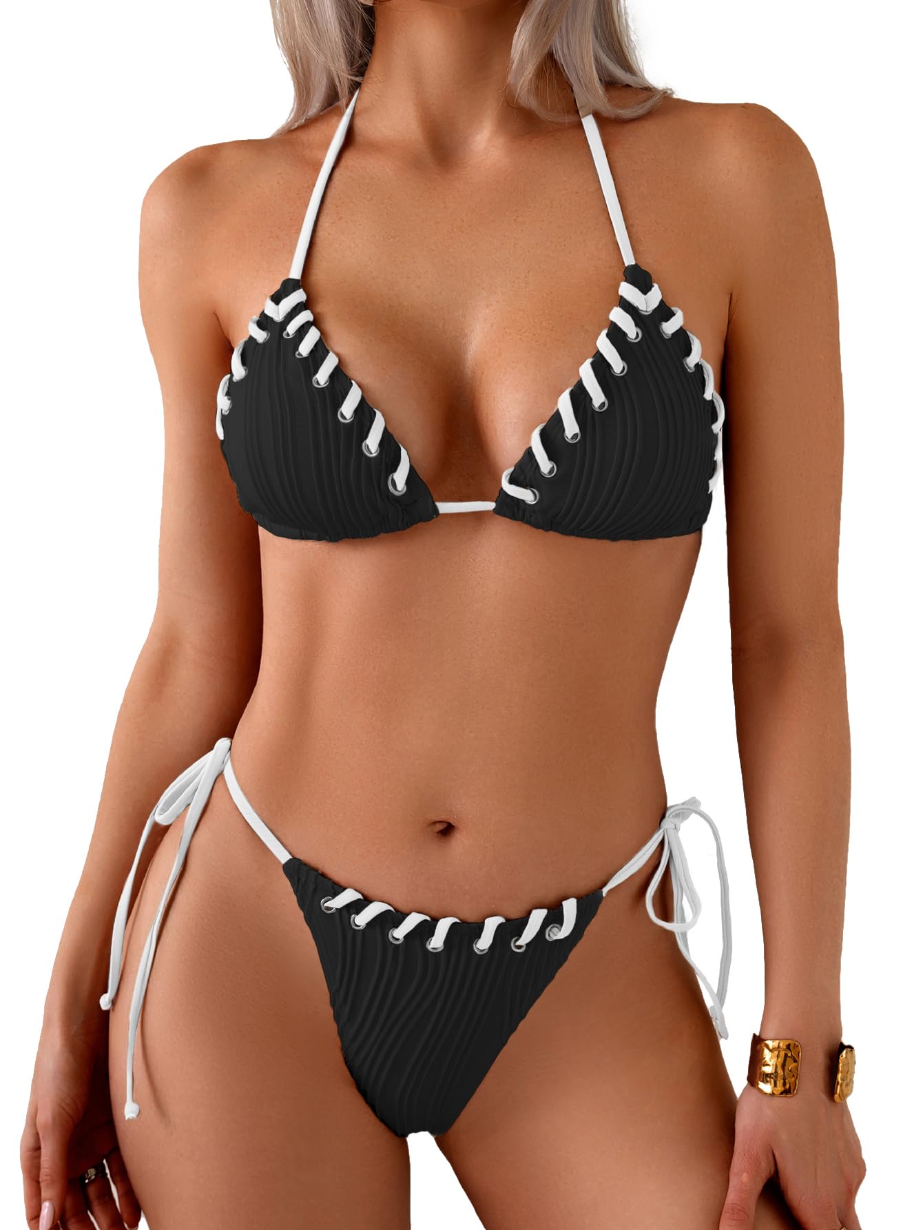 Limeeke Women's Triangle Bikini Sets Halter String Two Piece Swimsuit Textured Tie Side Bathing Suit