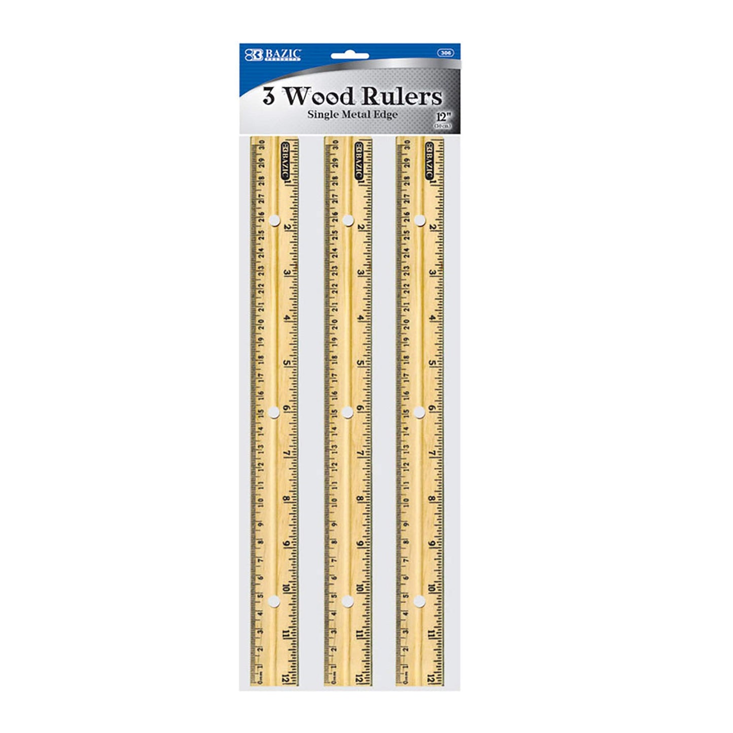 BAZIC Wooden Ruler 12" (30cm), Singel Metal Edge, Inches Centimeter Metric Measuring Drafting Rulers, for Students School Supplies (3/Pack), 1-Pack