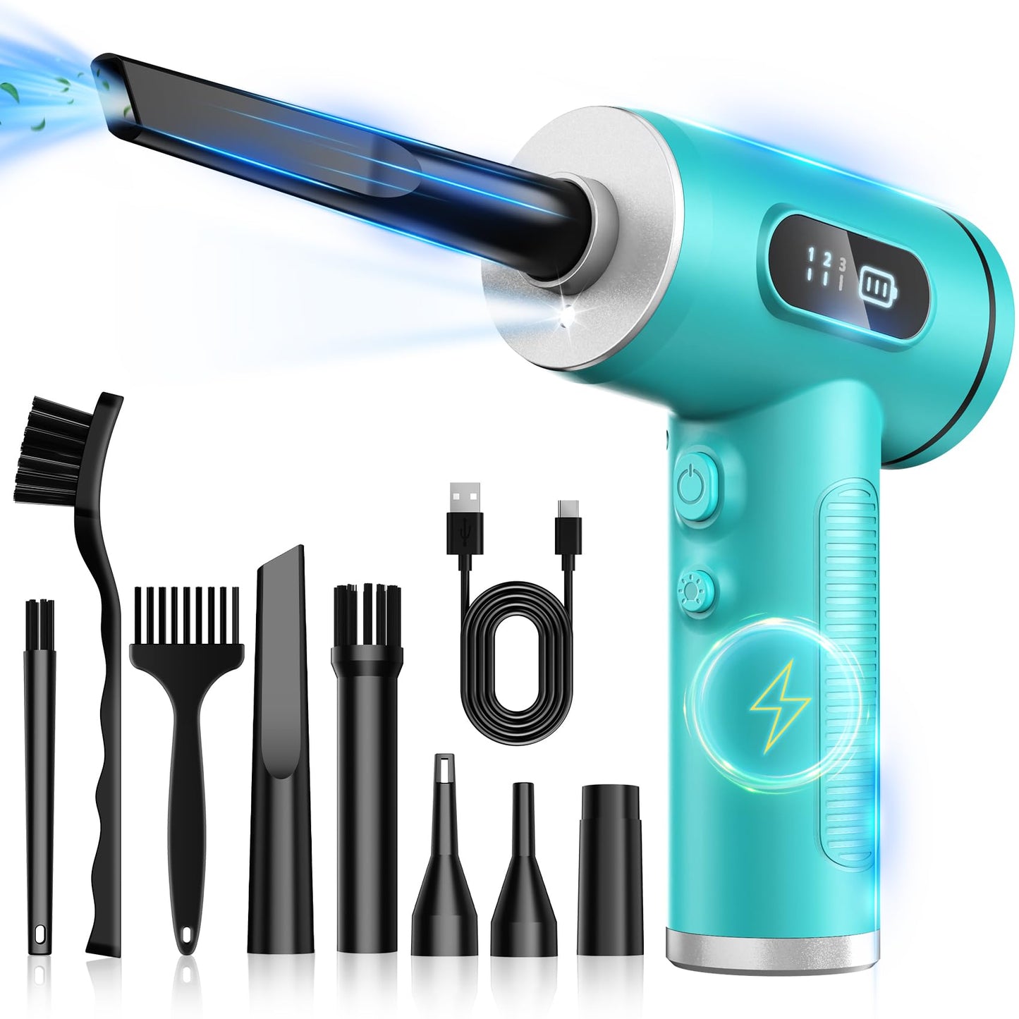 Compressed Air Duster-3 Gear Adjustable 100000RPM Electric Air Duster with LED Light, Rechargeable Cordless Air Blower for Keyboard Electric Devices Cleaning. Replaces Compressed Air Cans (Black)