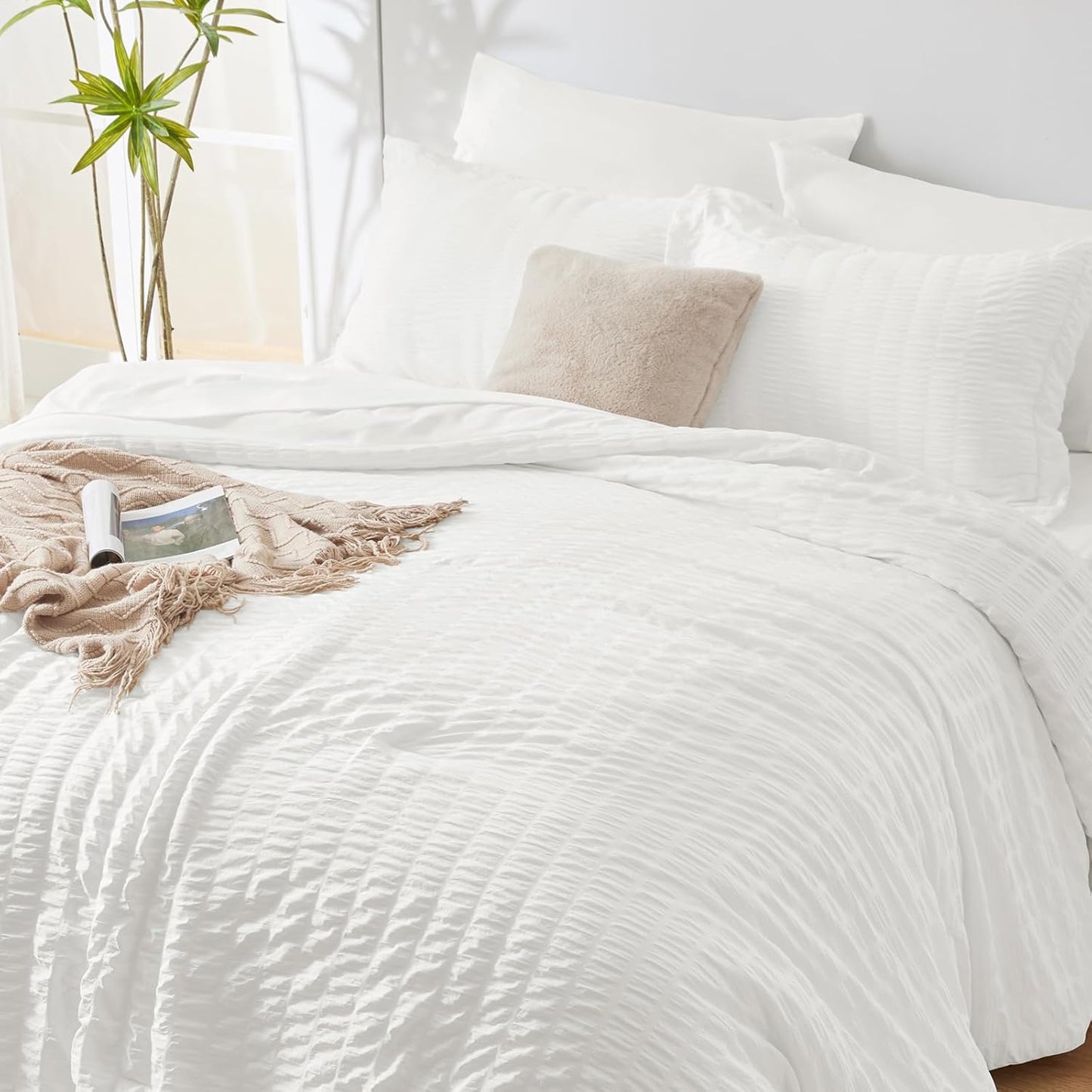 CozyLux Queen Comforter Set White Seersucker 7 Pieces Bed in a Bag Queen Comforter Set with Sheets, Luxury Soft Bedding Set with Down Alternative Comforter, Sheets, Pillowcases & Shams for All Seasons