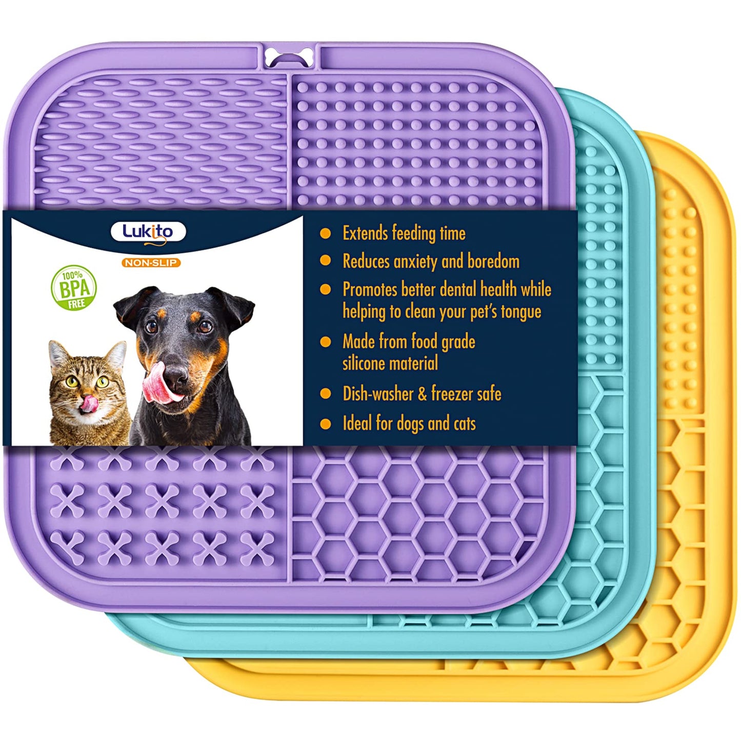 LUKITO Lick Mat for Dogs & Cats 2 Pack with Suction Cups, Dog Lick Mat for Anxiety Relief, Dog Toys to Keep Them Busy, Peanut Butter Licking Pad for Boredom Reducer, Perfect for Bathing Grooming
