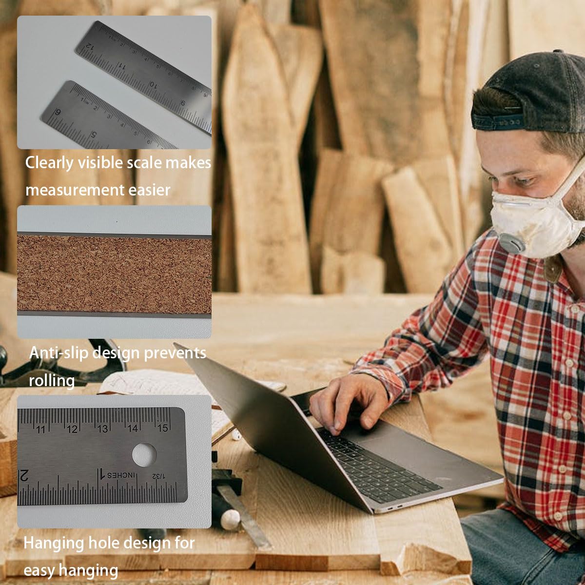 6-Inch and 12-Inch Stainless Steel Metal Ruler with Non-Slip Cork Backing - 2 Pack