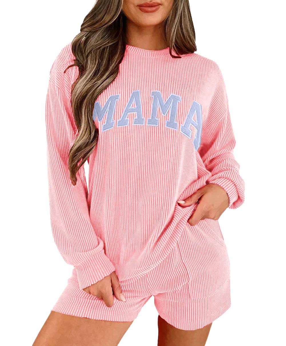 Womens Ribbed Pajama Sets Long Sleeve Top and Shorts Matching Lounge Set Loungewear Sweatsuit with Pockets