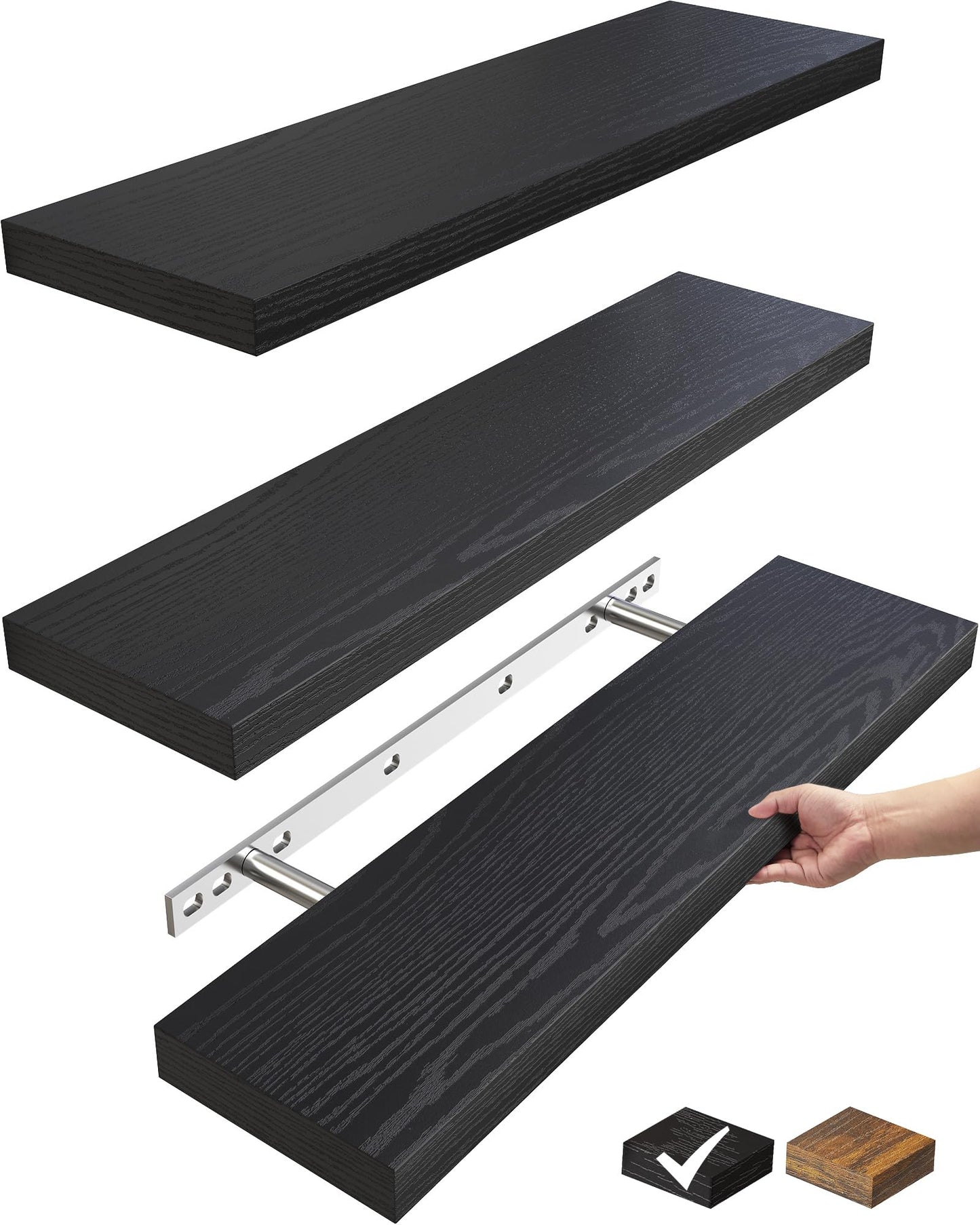 BAYKA Floating Shelves for Wall, Wall Mounted Rustic Wood Shelves for Bathroom, Bedroom, Living Room, Kitchen, Hanging Shelf for Books/Storage/Room Decor with 22lbs Capacity (Black, Set of 3, 15.7in)