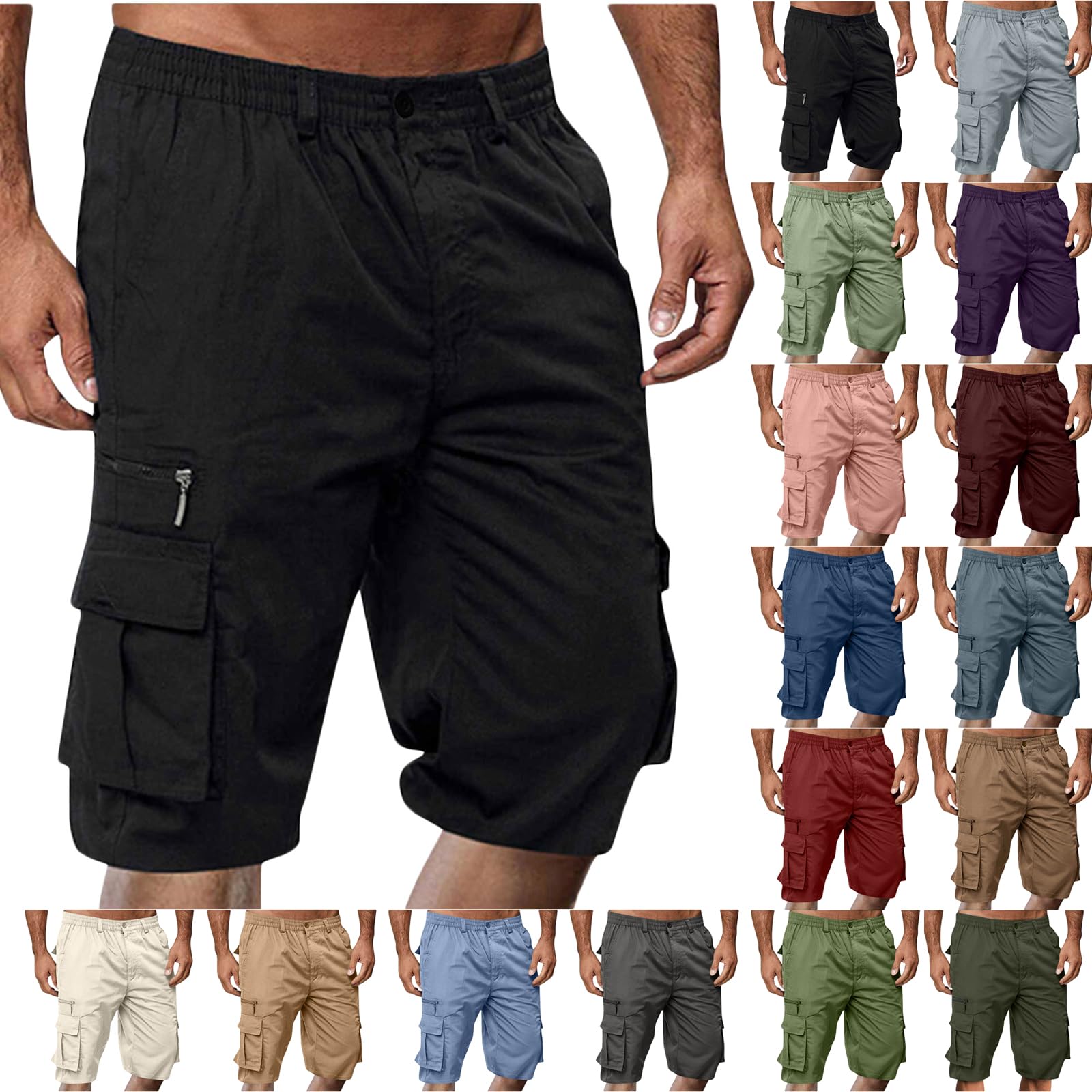 Cargo Shorts for Men Casual Summer Hiking Pants Elastic Waist Big and Tall Knee Length Multi-Pockets Bermuda Shorts