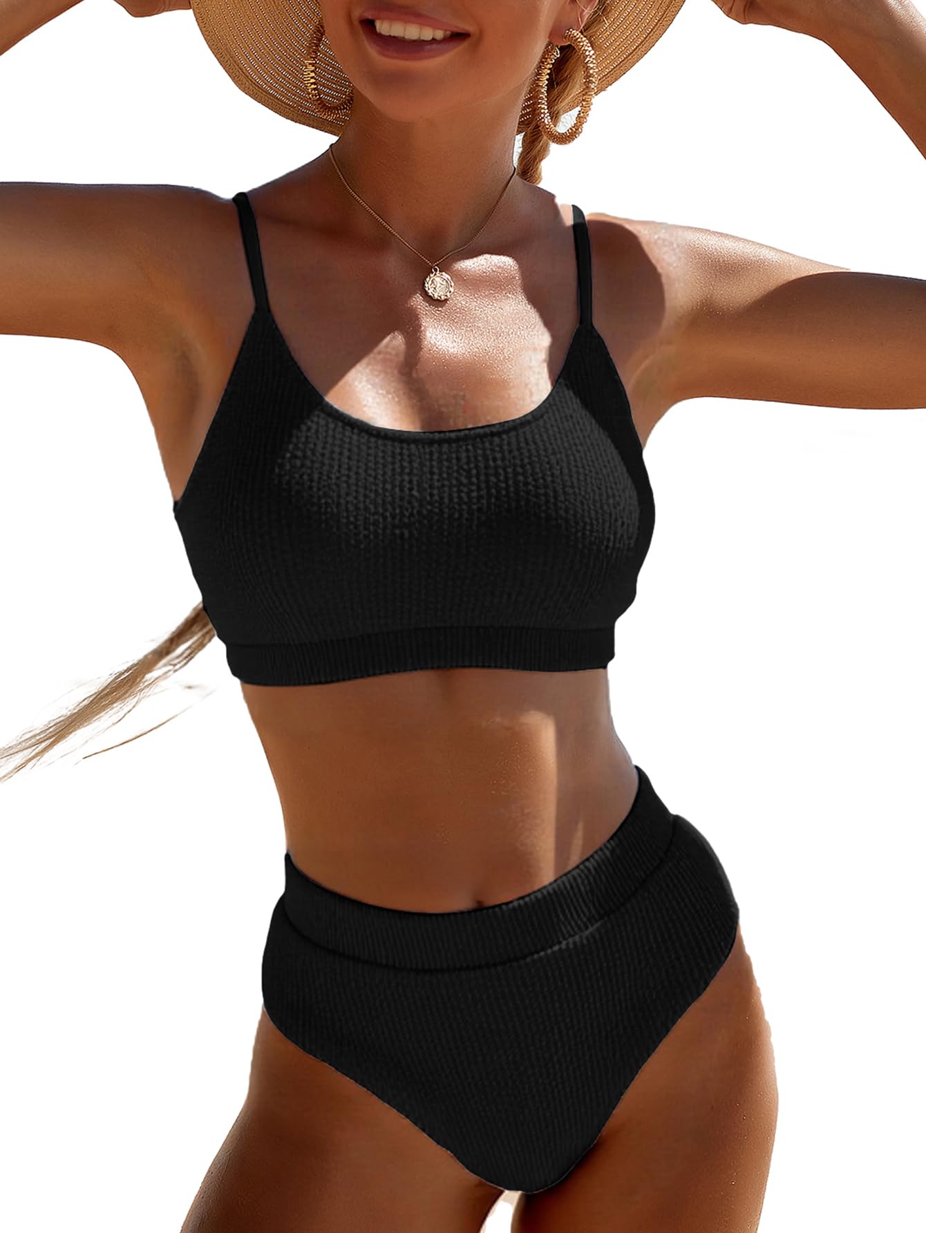 Limeeke Women's High Waisted Bikini Sets Ribbed Textured Scoop Neck Swimsuit Adjustable Strap Two Piece Bathing Suit