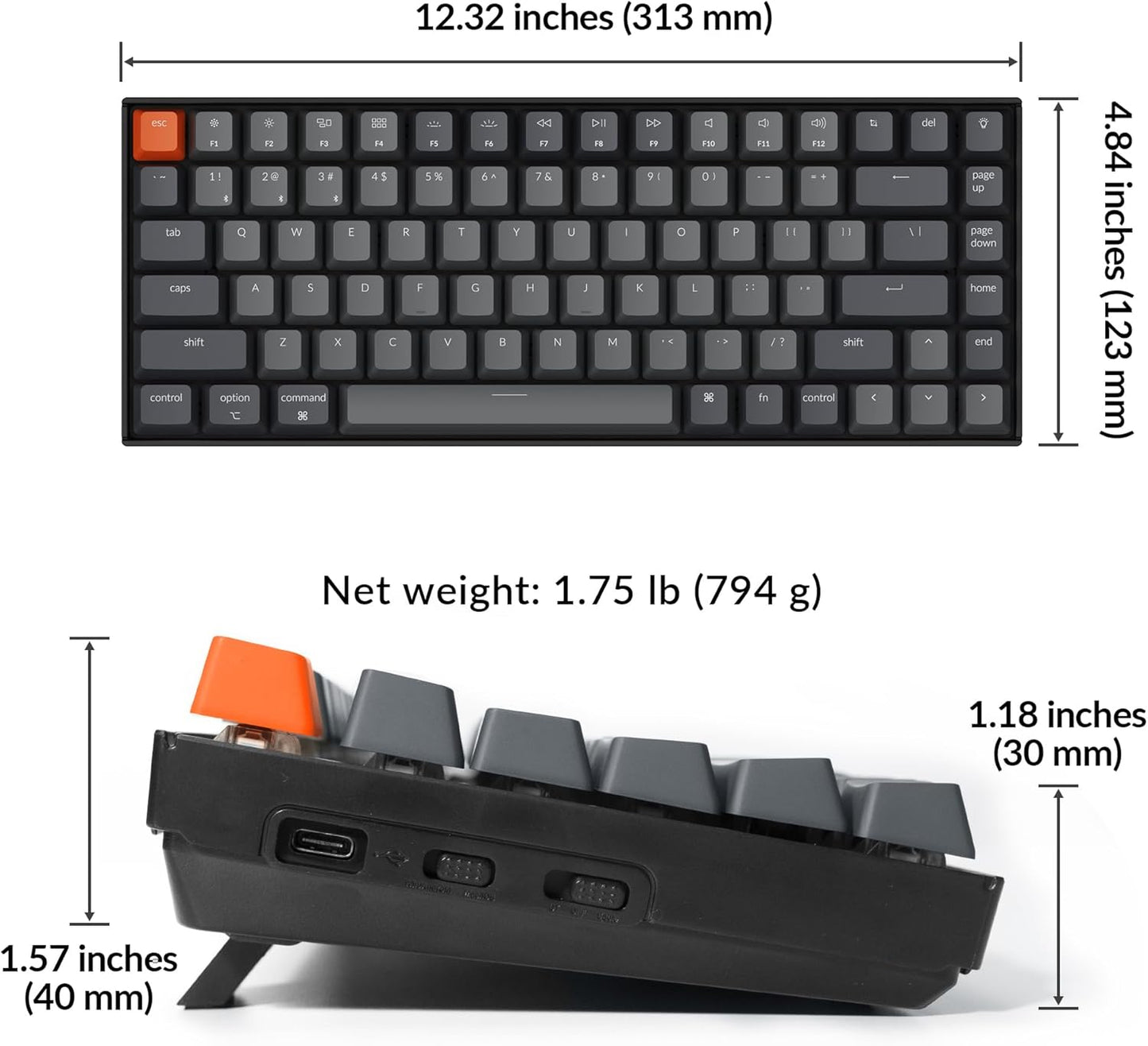 Keychron K2 75% Layout Bluetooth Wireless Mechanical Gaming Keyboard with Gateron G Pro Brown Switch/White LED Backlit/USB C/Anti Ghosting/N-Key Rollover, 84 Keys, for Mac Windows-Version 2