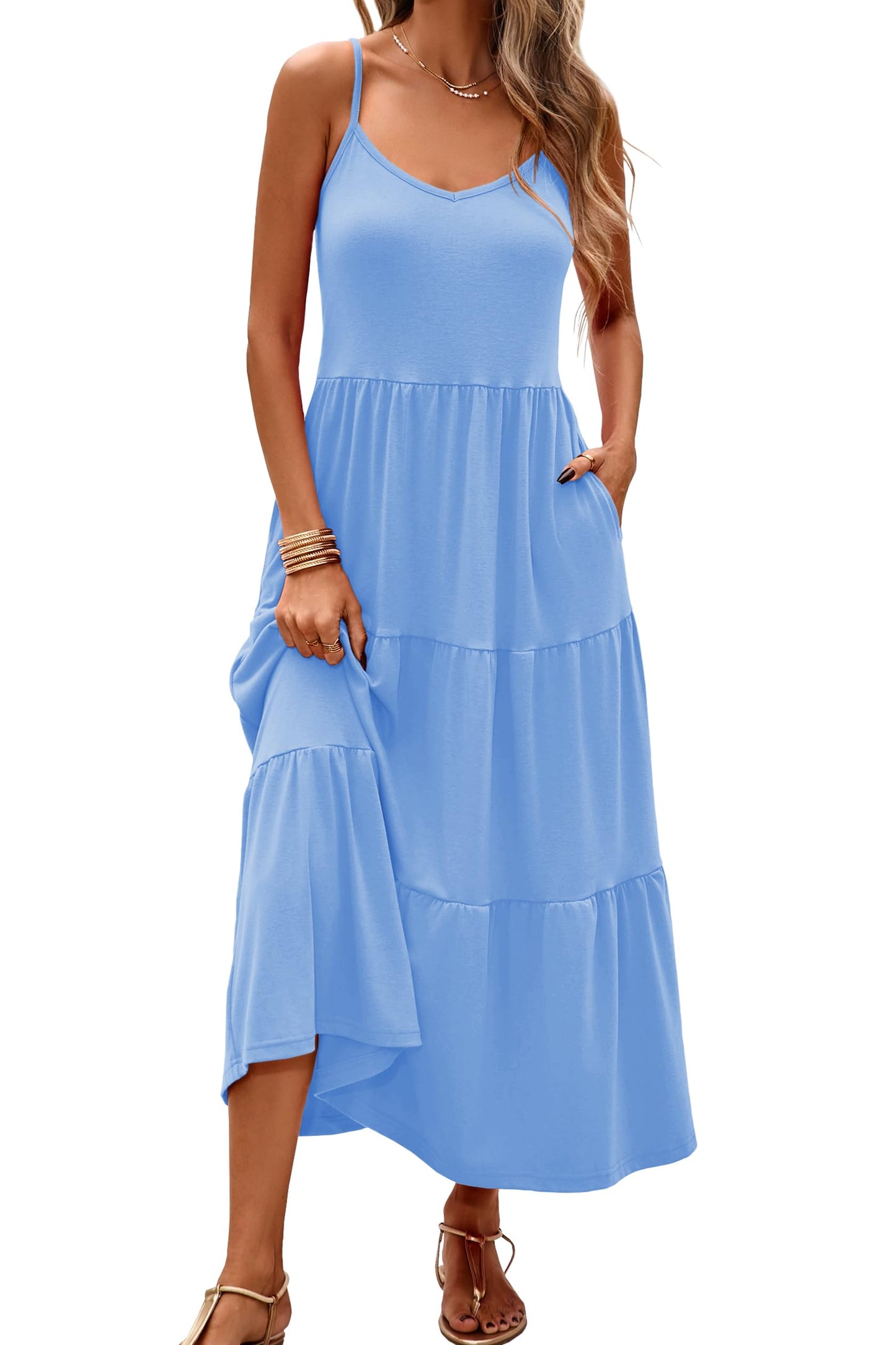 Halife Womens Flowy Tiered Maxi Dress Sleeveless Summer Sundresses Adjustable Straps Long Beach Sun Dresses with Pockets