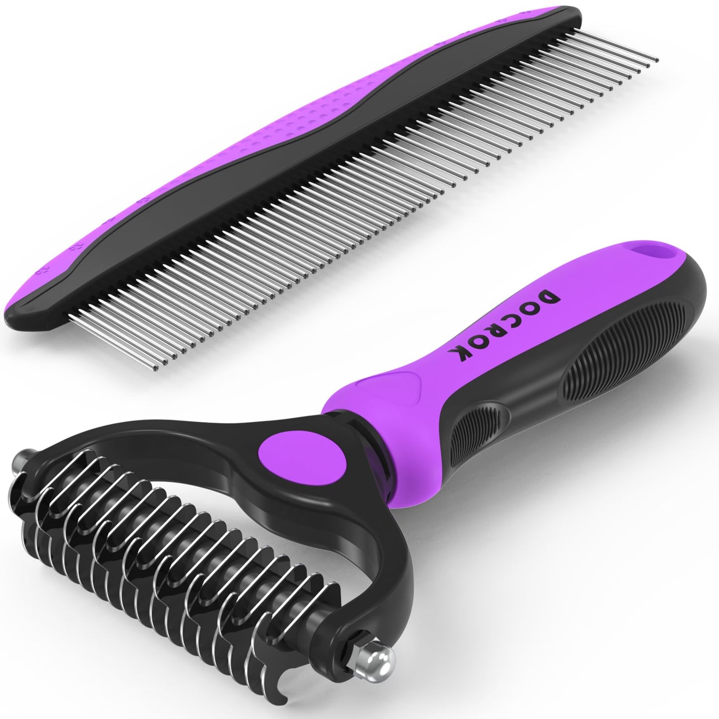 Pet Grooming Combo - Blue Deshedding Brush with Metal Comb for Detangling and Dematting Long, Matted Fur on Cats and Dogs