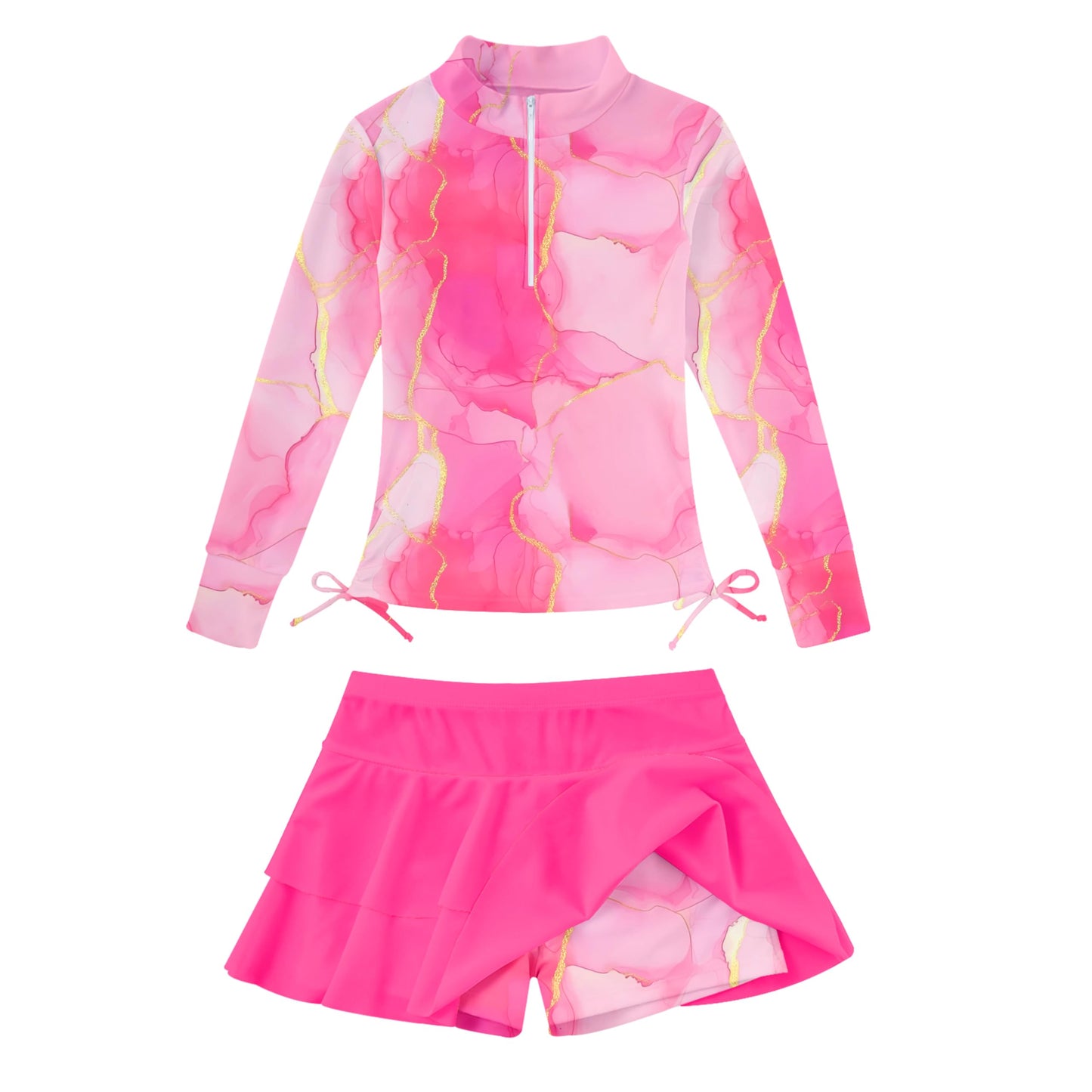 Vogseek 3-12T Girls Rash Guard 2 Pieces Bathing Suit Long Sleeve Swimsuit Swimming Skirt with Shorts Swimwear