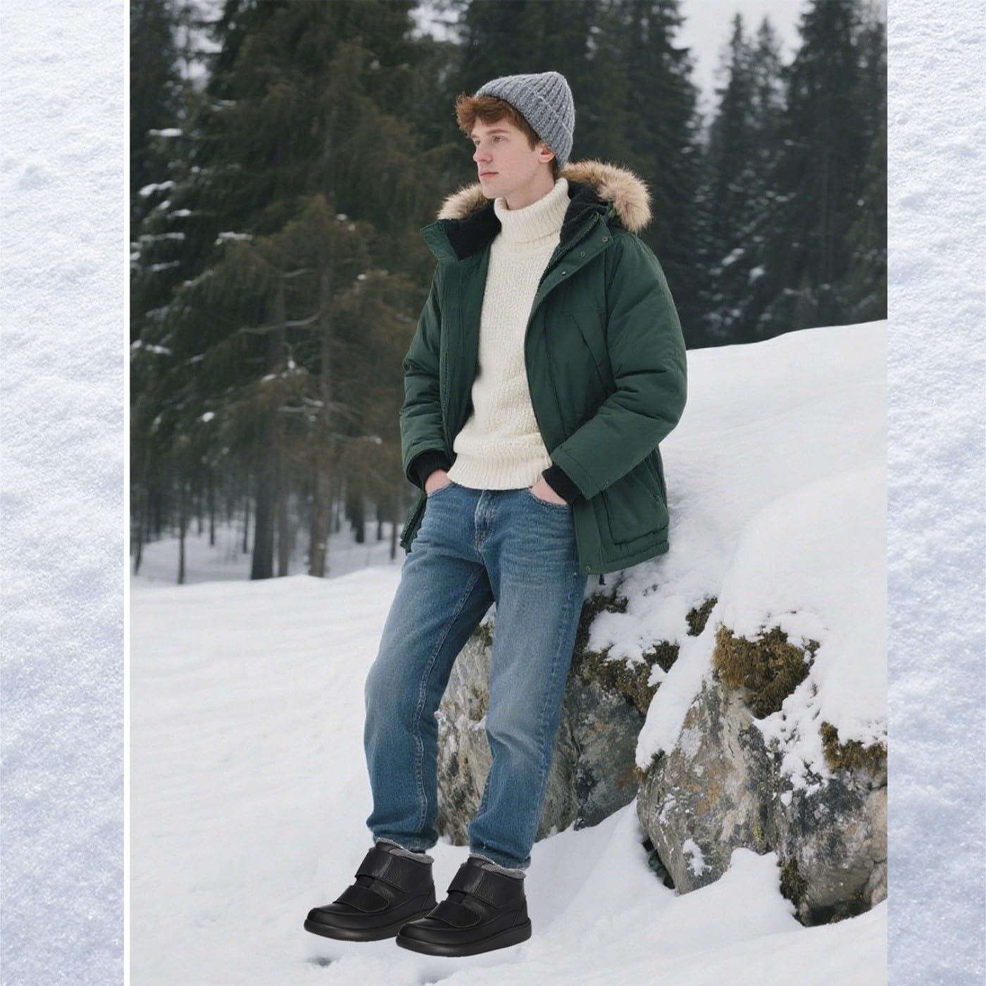 Hsyooes Diabetic Boots for Men Wide Width Winter Snow Boots Adjustable Straps Anti-slip Water Resistant Winter Shoes Warm Fur Lining Diabetic Shoes for Swollen Feet