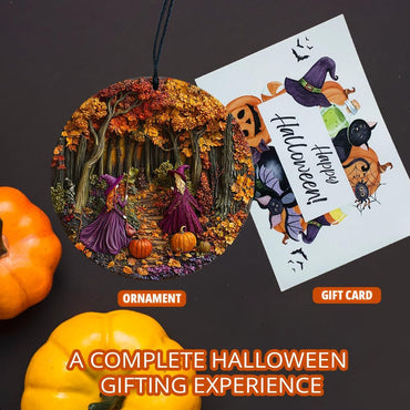 Halloween Stained Glass Window Ornament, Witch Scene with Pumpkins, Acrylic Hanging Suncatcher, Round Wall Art Decor, Witchy Ornament for Home Friends and Family (Two Girls)