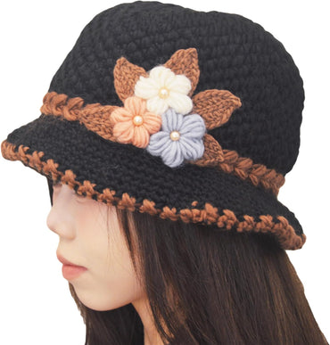 French Thicken Women's Flowers Knitted-Woolen-Hat Fashion Beanie-Hat Lady Crochet-Bucekt-Hat for Winter