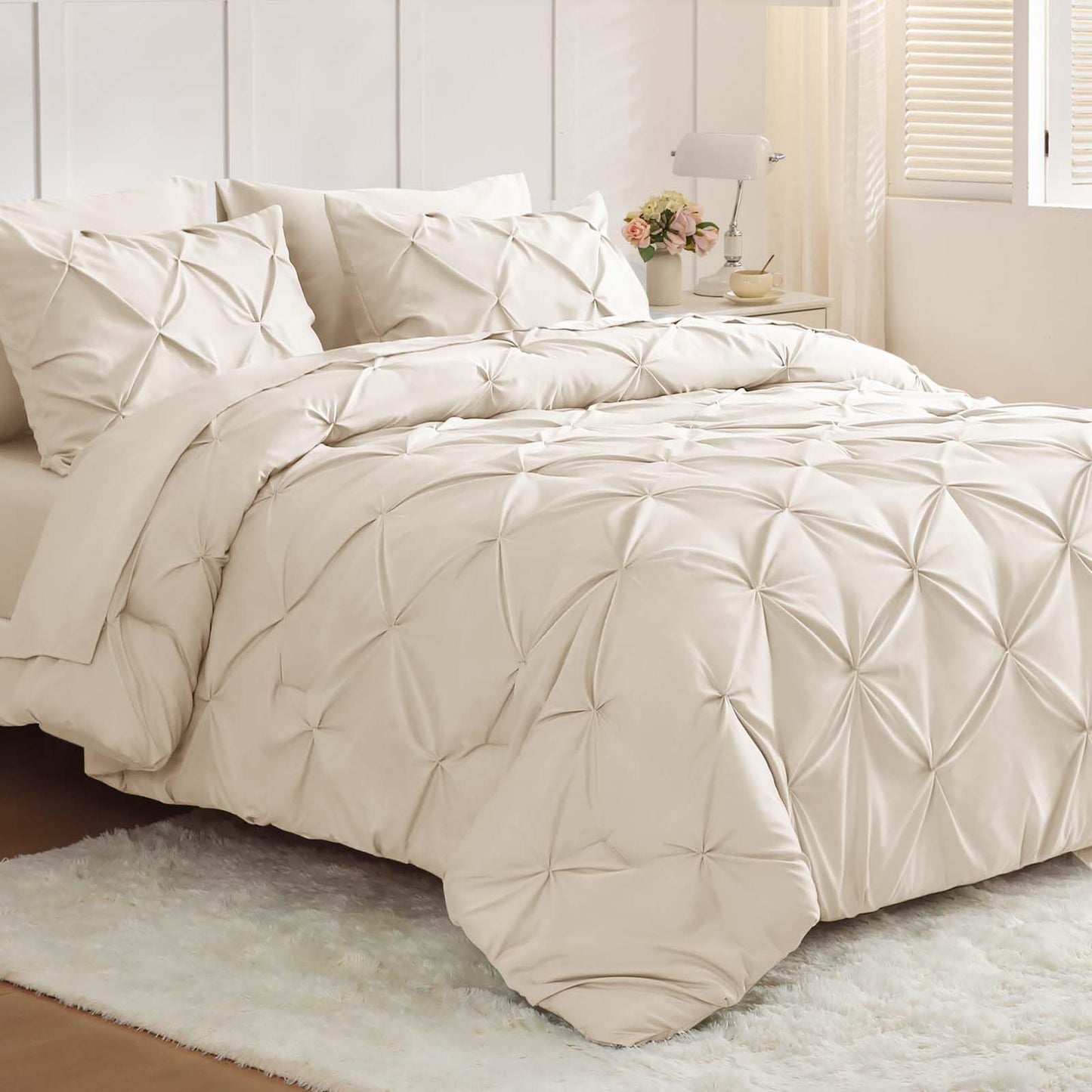 JOLLYVOGUE Queen Comforter Set 7 Pieces - Bed in a Bag Queen for All Season, Pintuck Bedding Comforter Sets with Comforter, Flat Sheet, Fitted Sheet and Pillowcases & Shams, Black
