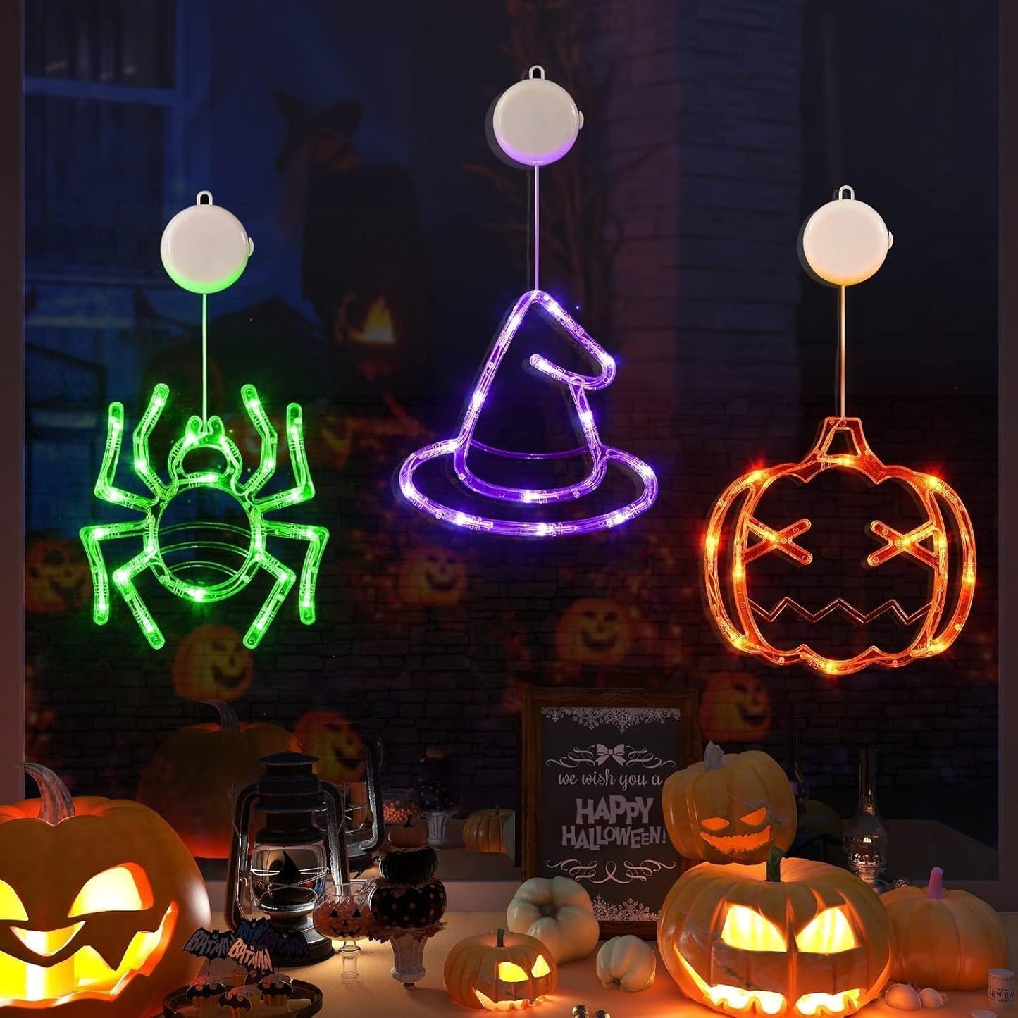 LOLStar Halloween Window Decorations 3 Pack Orange Pumpkin Green Spider Purple Witch Hat Battery Operated Window Lights with Suction Cup Slow Fade Timer Function Halloween Indoor Lights for Windows