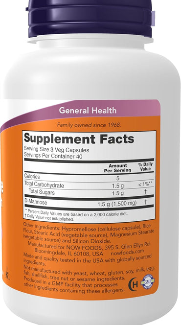 NOW Foods Supplements, D-Mannose 500 mg, Non-GMO Project Verified, Healthy Urinary Tract*, 120 Veg Capsules
