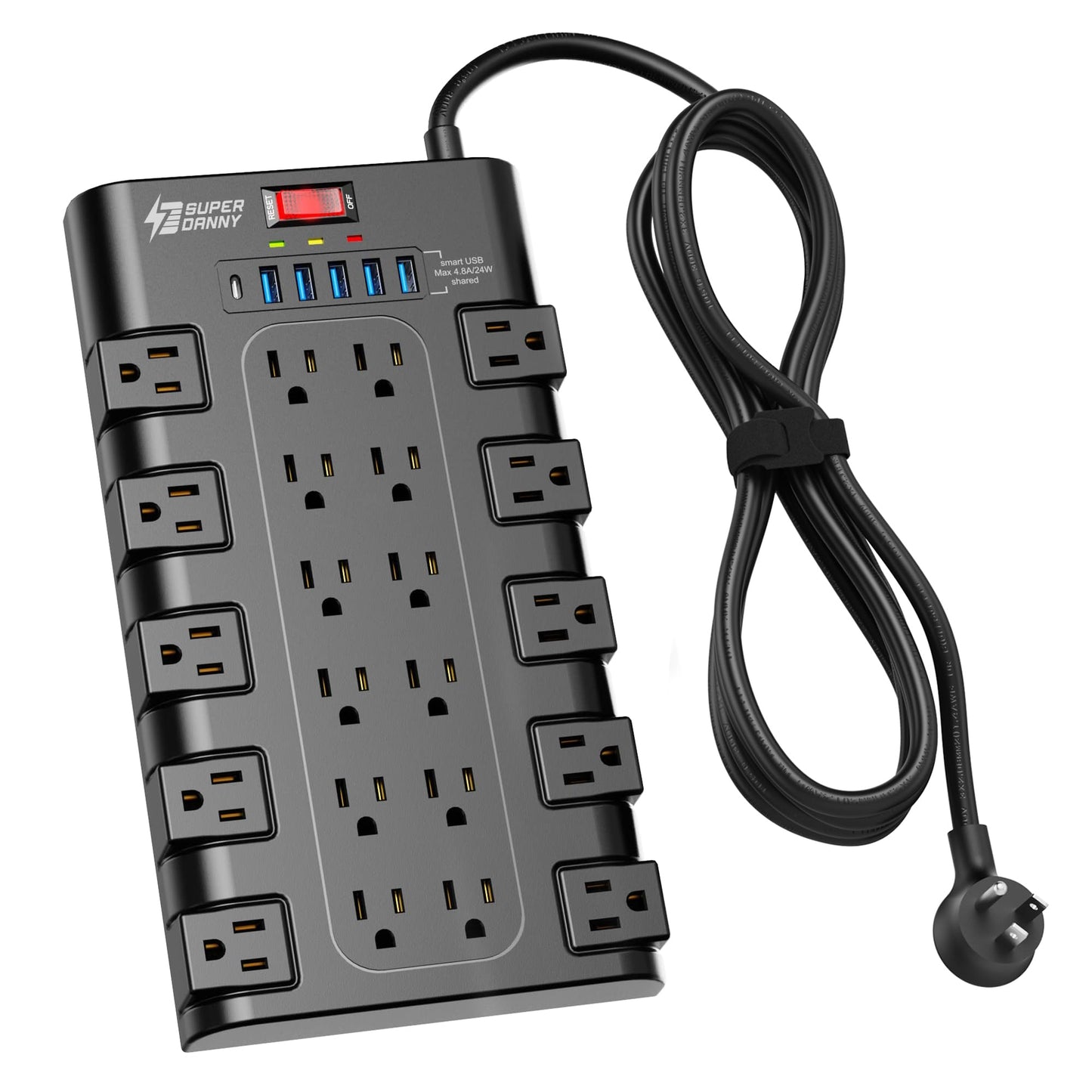 Power Strip, SUPERDANNY Surge Protector with 22 AC Outlets and 6 USB Charging Ports, 1875W/15A, 2100 Joules, 6.5Ft Flat Plug Heavy Duty Extension Cord for Home, Office, Dorm, Gaming Room, Black