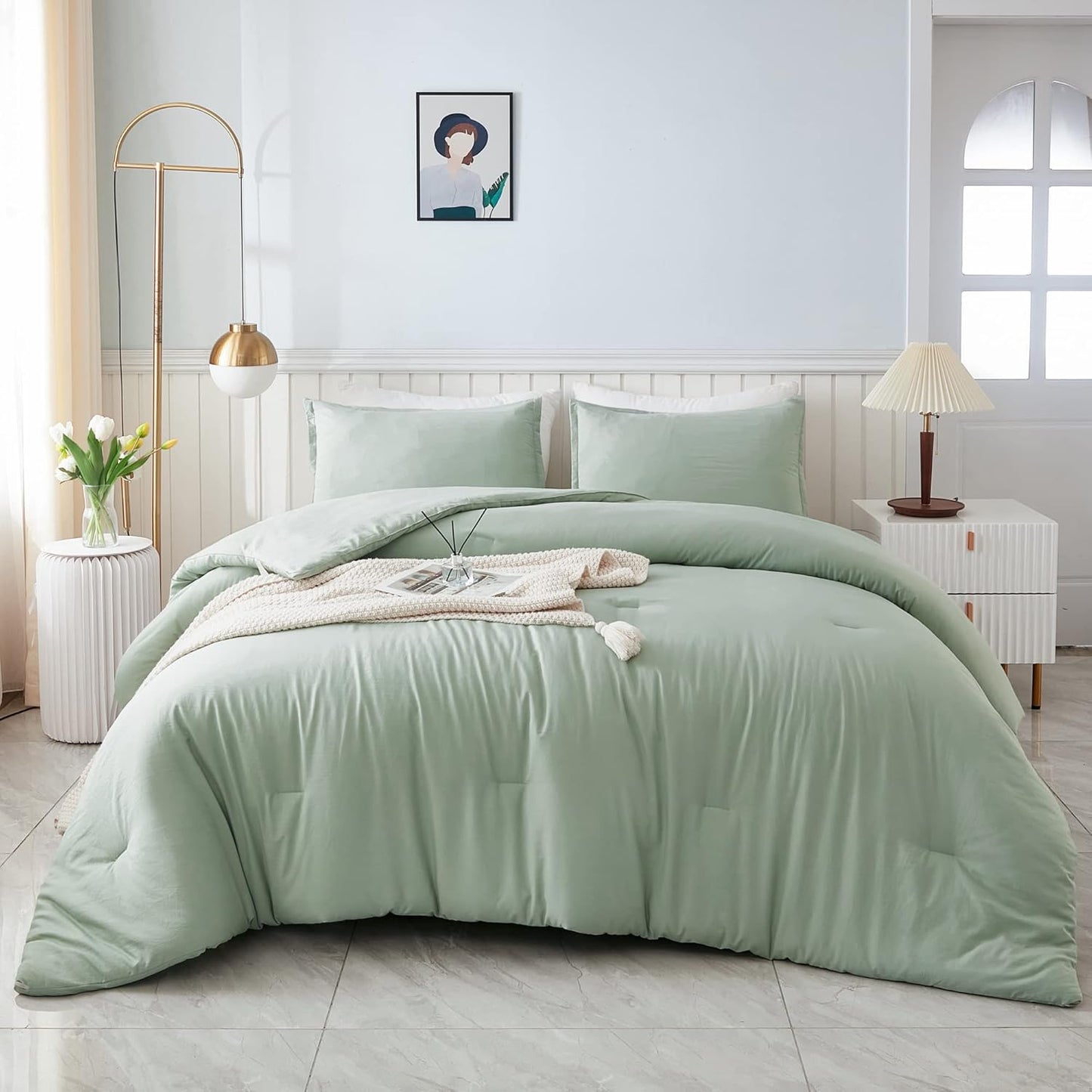 Litanika Queen Comforter Set Sage Green, 3 Pieces Lightweight Comforters Queen Size Solid Bedding Comforters Sets, Down Alternative Comforter Bed Set Quilt Blanket