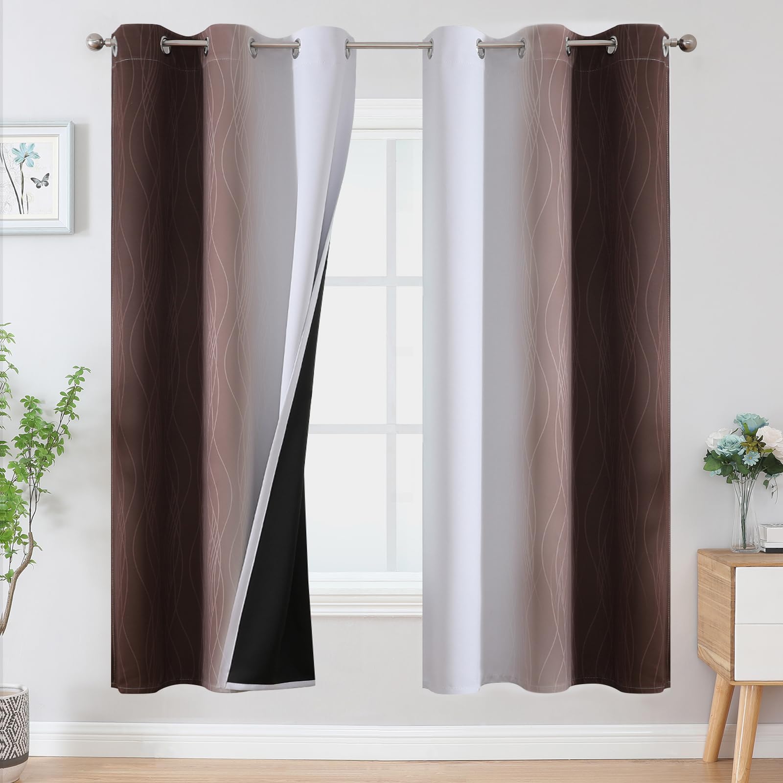 Estelar Textiler Beige and Greyish White Blackout Curtains for Living Room, Full Room Darkening Gradient Drapes for Bedroom, Thermal Insulated Ombre Grommet Curtains for Dining Room,52Wx84L,2 Panels