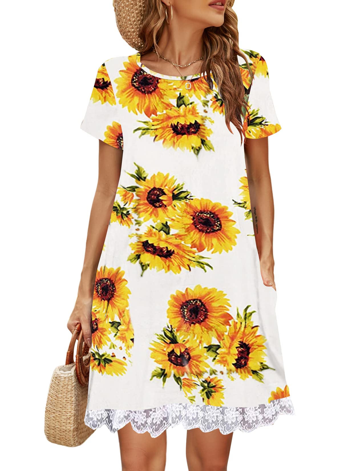 Halife Womens Summer Casual Tshirt Dress Loose Lace Hem Short Sleeve Beach Sundresses with Pockets