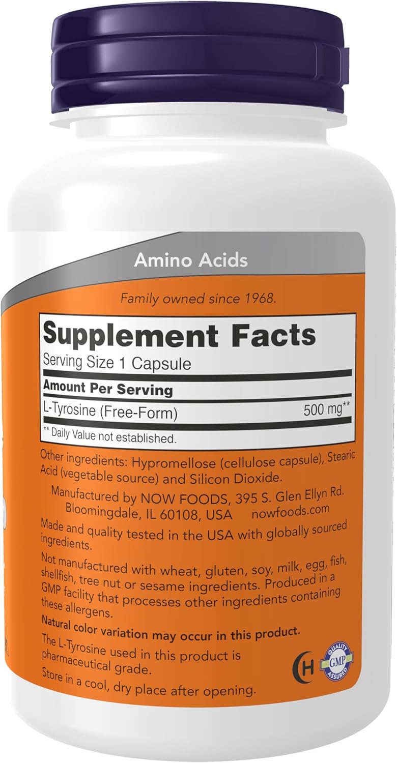NOW Foods Supplements, L-Tyrosine 500 mg, Supports Mental Alertness*, Neurotransmitter Support*, 120 Capsules