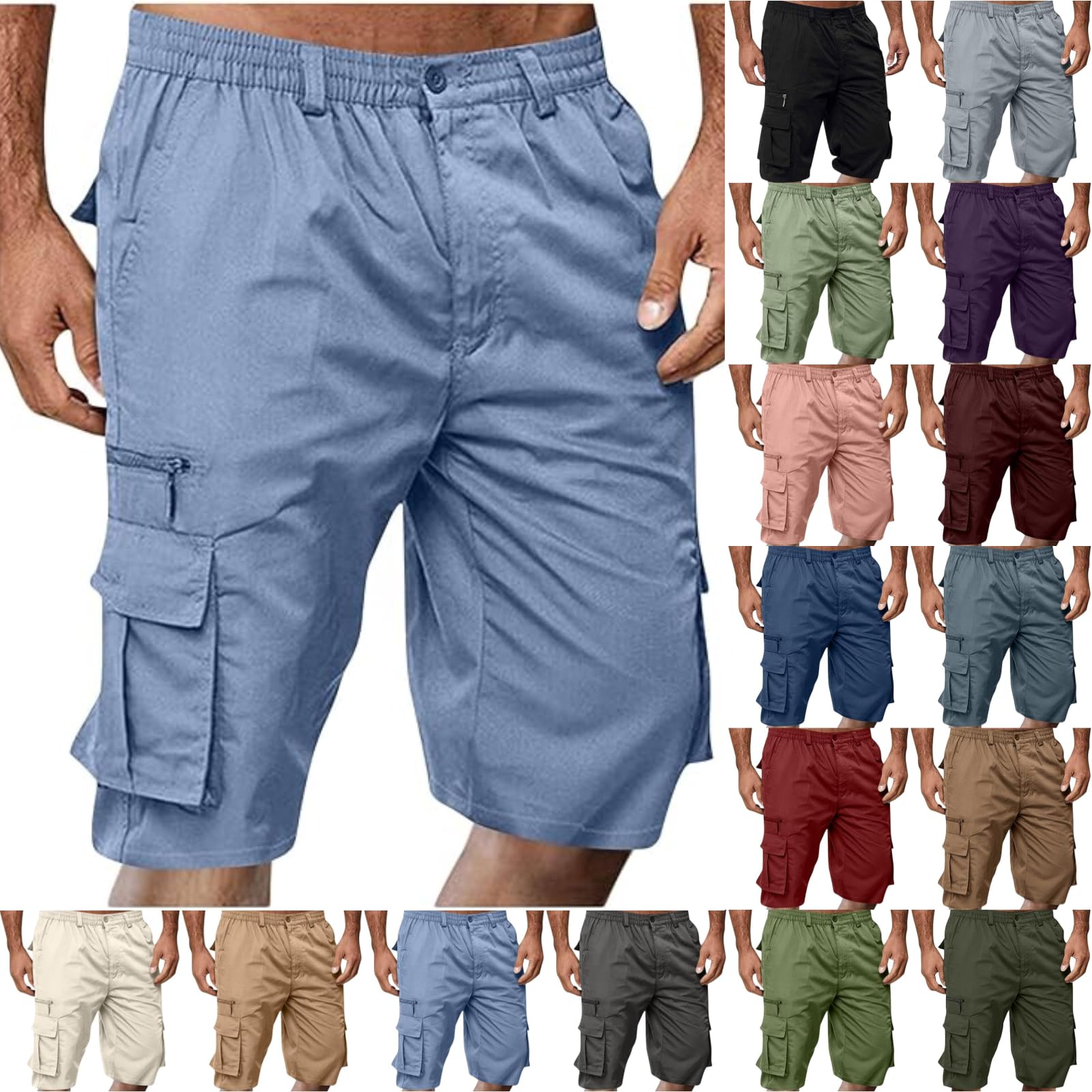 Cargo Shorts for Men Casual Summer Hiking Pants Elastic Waist Big and Tall Knee Length Multi-Pockets Bermuda Shorts