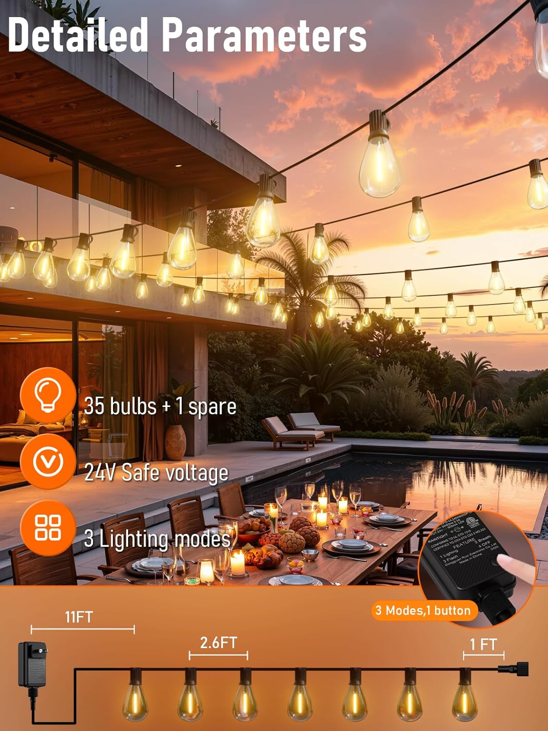 luckystyle 100FT LED Outdoor String Lights with Remote, 35+ 1 Shatterproof Bulbs Waterproof and Dimmable Patio Lights for Porch, Garden, Backyard, Deck, Balcony, 2700K Hanging Lighting