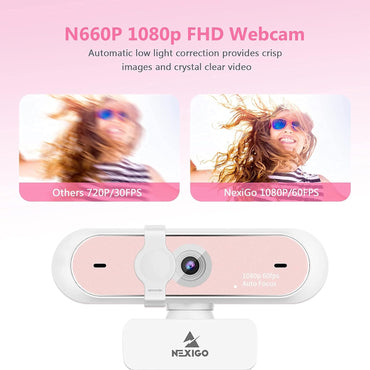 60FPS AutoFocus 1080P Webcam with Dual Microphone & Privacy Cover, 2021 NexiGo N660P Pro HD USB Computer Web Camera, for OBS Gaming Zoom Meeting Skype FaceTime Teams, Pink (Renewed)