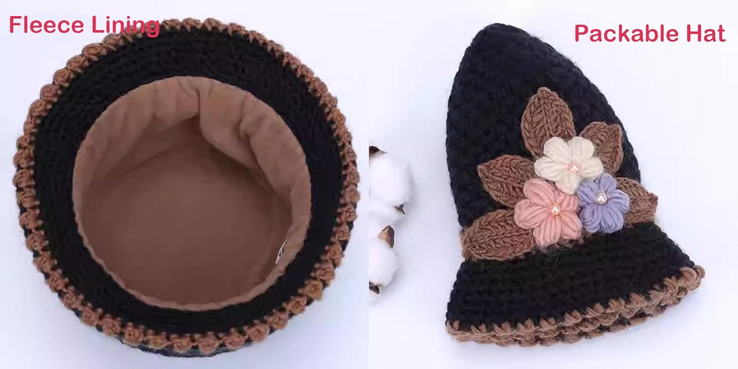 French Thicken Women's Flowers Knitted-Woolen-Hat Fashion Beanie-Hat Lady Crochet-Bucekt-Hat for Winter