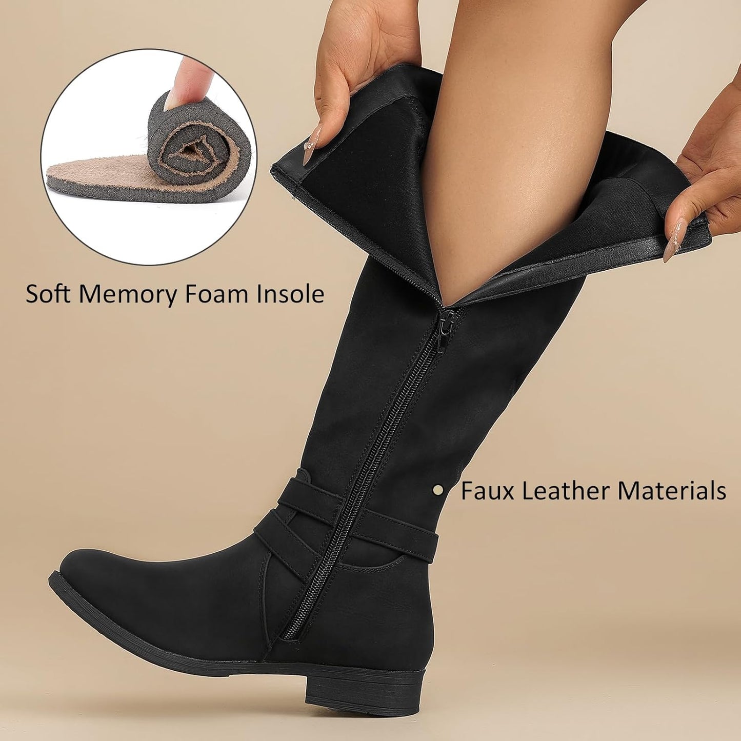 Women's Knee High Boots Classic Comfort Riding Combat Boot Round Toe Side Zipper Long Tall Fall Winter Boots for Women.