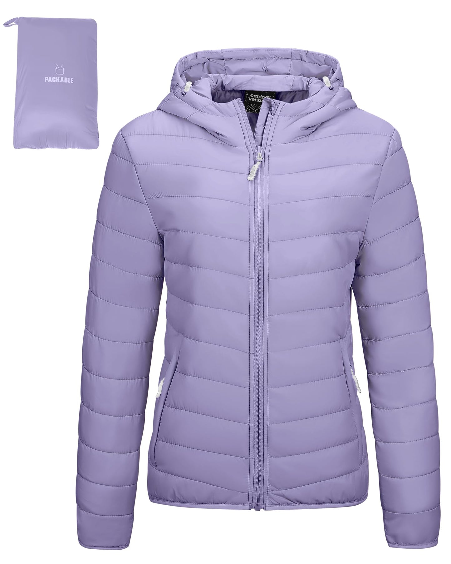 Outdoor Ventures Women's Packable Lightweight Full-Zip Puffer Jacket with Hood Quilted Winter Coat