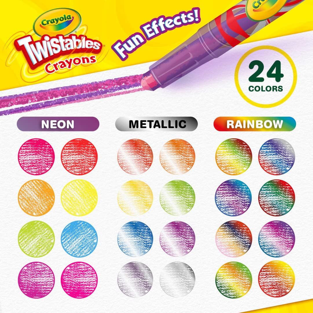Crayola Twistables Crayons for Kids (24ct) Essential School Supplies for Girls & Boys, Toddler Coloring, Less Mess, Back to School Gifts for Kids