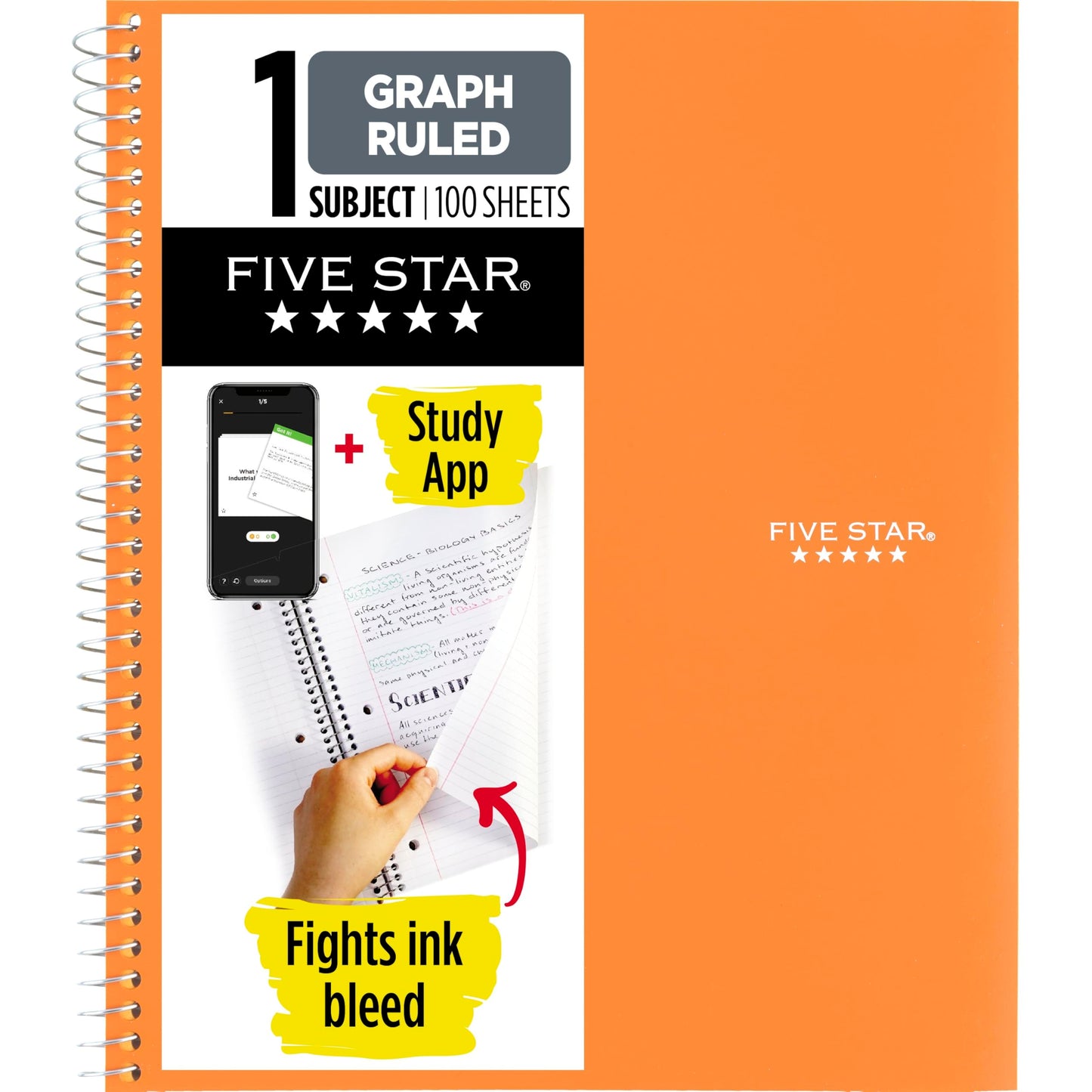 Five Star Spiral Notebook + Study App, 1 Subject, Graph Ruled Paper, 8-1/2" x 11", 100 Sheets, Fights Ink Bleed, Water Resistant Cover, Black (73679)
