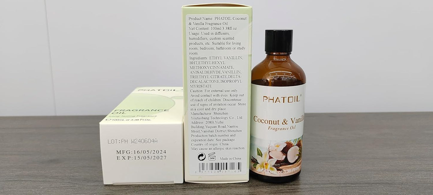 3.38FL.OZ Coconut & Vanilla Fragrance Oils for Aromatherapy, Essential Oils for Diffusers for Home, Perfect for Diffuser, Yoga, DIY Candle and Soap Making - 100ml