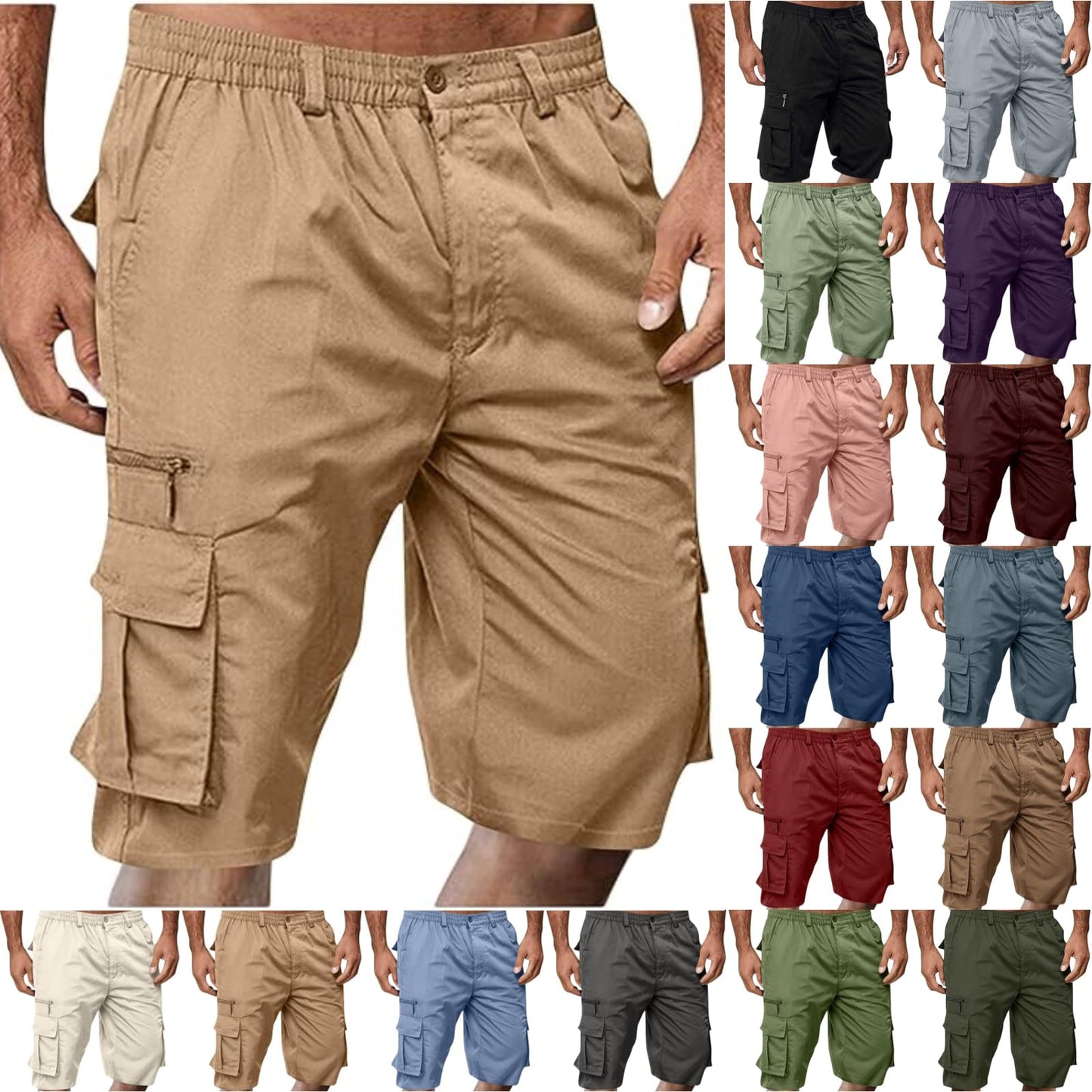 Cargo Shorts for Men Casual Summer Hiking Pants Elastic Waist Big and Tall Knee Length Multi-Pockets Bermuda Shorts