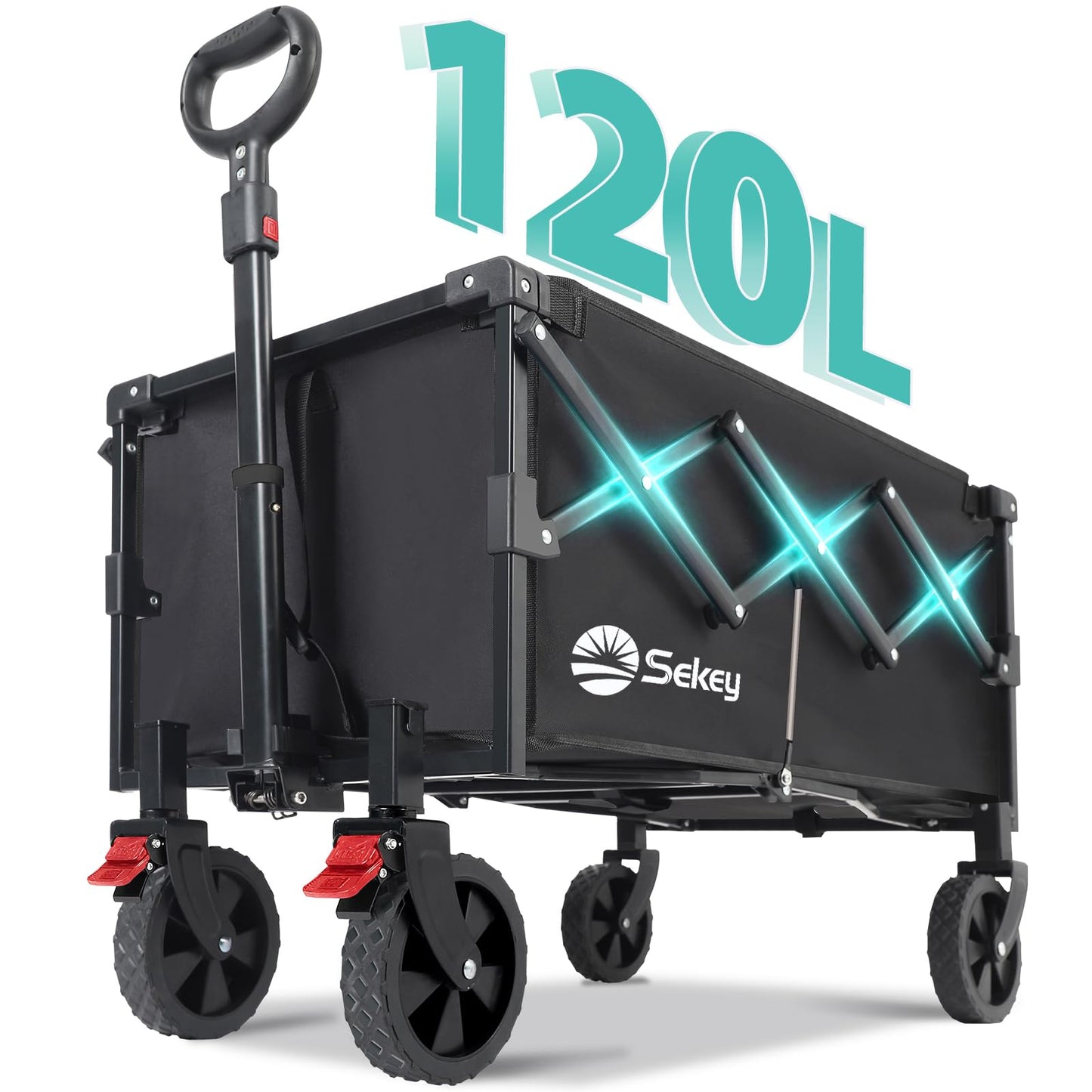 Sekey Heavy Duty Wagon with Big Wheels, Foldable Cart with 220LBS Capacity, Utility Lightweight Wagon, Collapsible Grocery Shopping Cart for Camping Sports & Holiday. Black