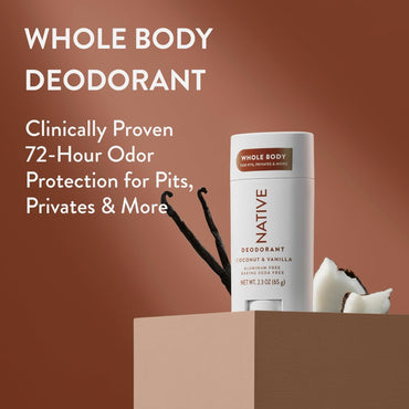 Native Whole Body Deodorant Stick Contains Naturally Derived Ingredients, Deodorant for Men and Women | 72 Hour Odor Protection, Aluminum Free with Coconut Oil and Shea Butter | Coconut & Vanilla