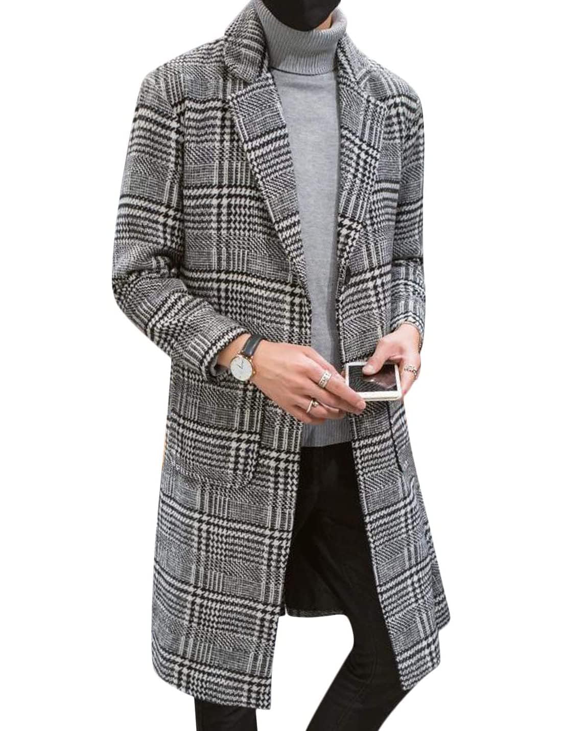 Springrain Men's Wool Blend Pea Coat Notched Collar Single Breasted Overcoat Warm Winter Trench Coat