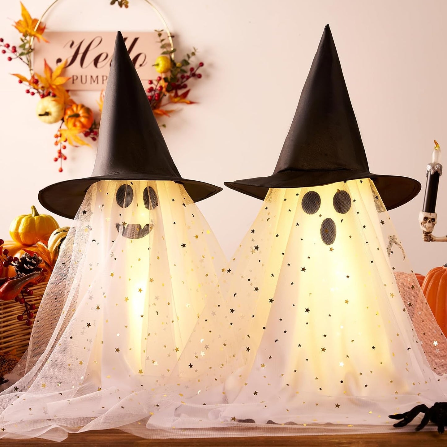 2Pcs Halloween Ghosts Decorations Indoor - Light Up Ghost Crafts with Sequined Netting, Cute Halloween Party Decorations, Spooky Ghost Decor for Home Table Fireplace Kitchen and Office