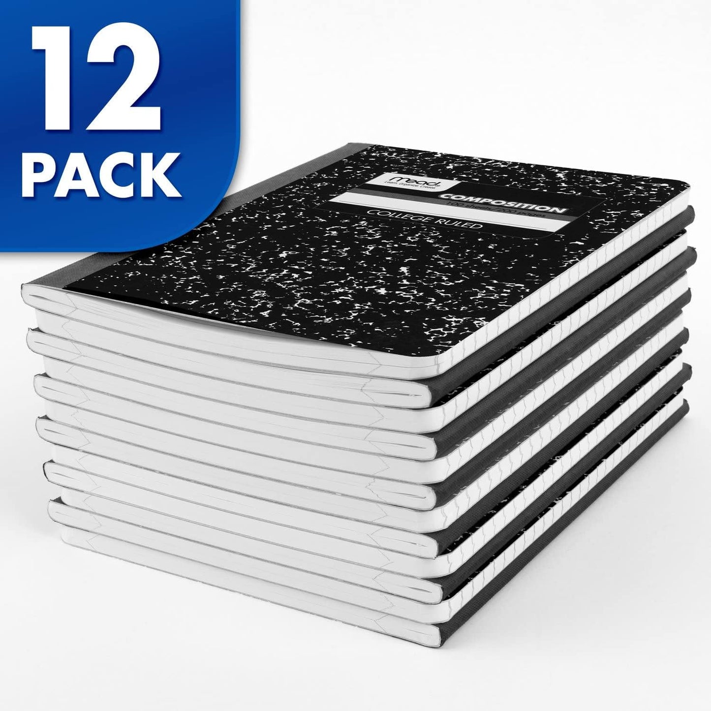 Mead Composition Notebook, 12 Pack, College Ruled Paper, 7-1/2" x 9-3/4", 100 Sheets per Comp Book, Black Marble (72938)