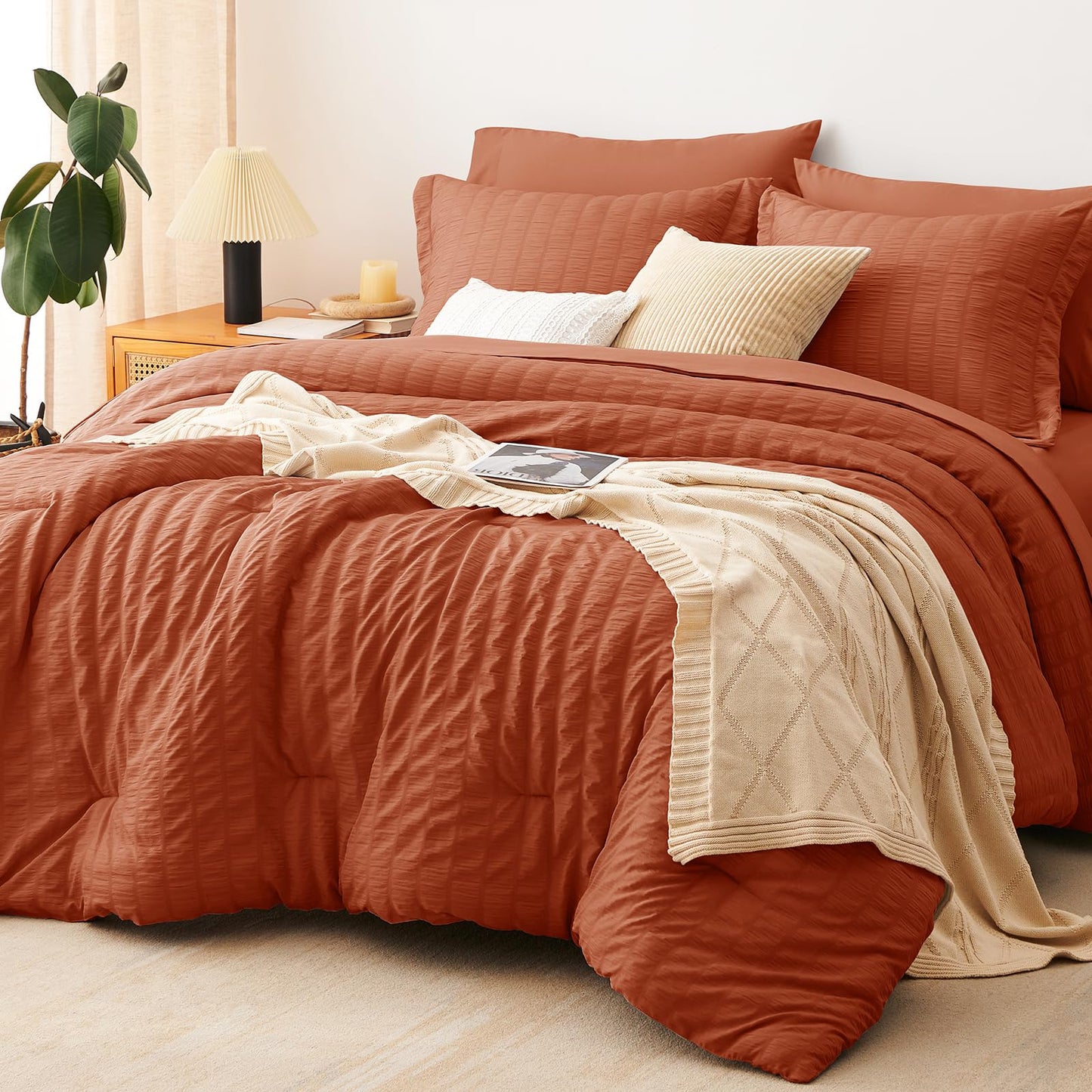 CozyLux Queen Comforter Set White Seersucker 7 Pieces Bed in a Bag Queen Comforter Set with Sheets, Luxury Soft Bedding Set with Down Alternative Comforter, Sheets, Pillowcases & Shams for All Seasons