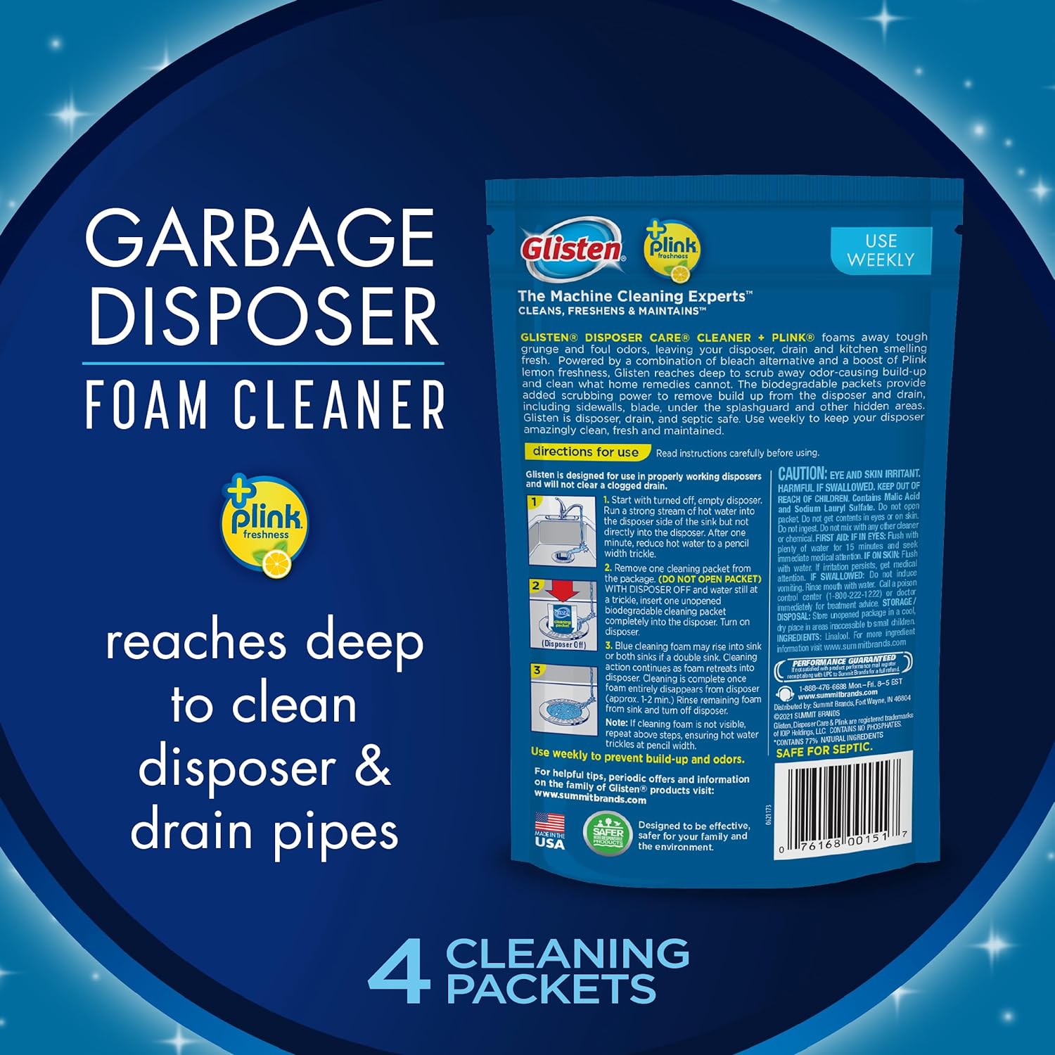 Glisten Garbage Disposer Cleaner and Freshener, Sink Disposal Odor Eliminator with Foaming Action, Lemon Scent, Made in the USA, 4 Packets