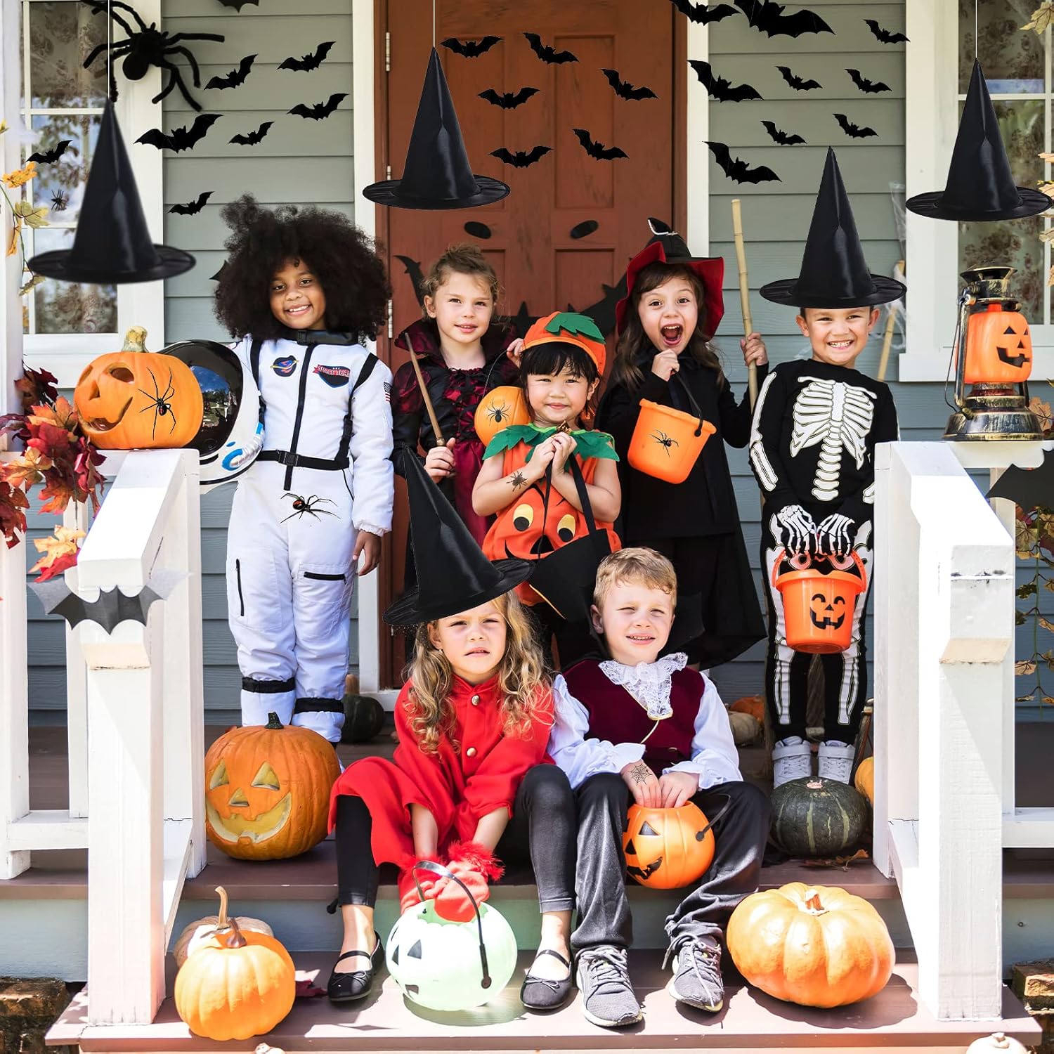 Witch Hat Decorations - 8PCS Black Hanging Witch Hats & 32PCS 3D Bats, Halloween Decor & Party Accessory for Indoor/Outdoor Use