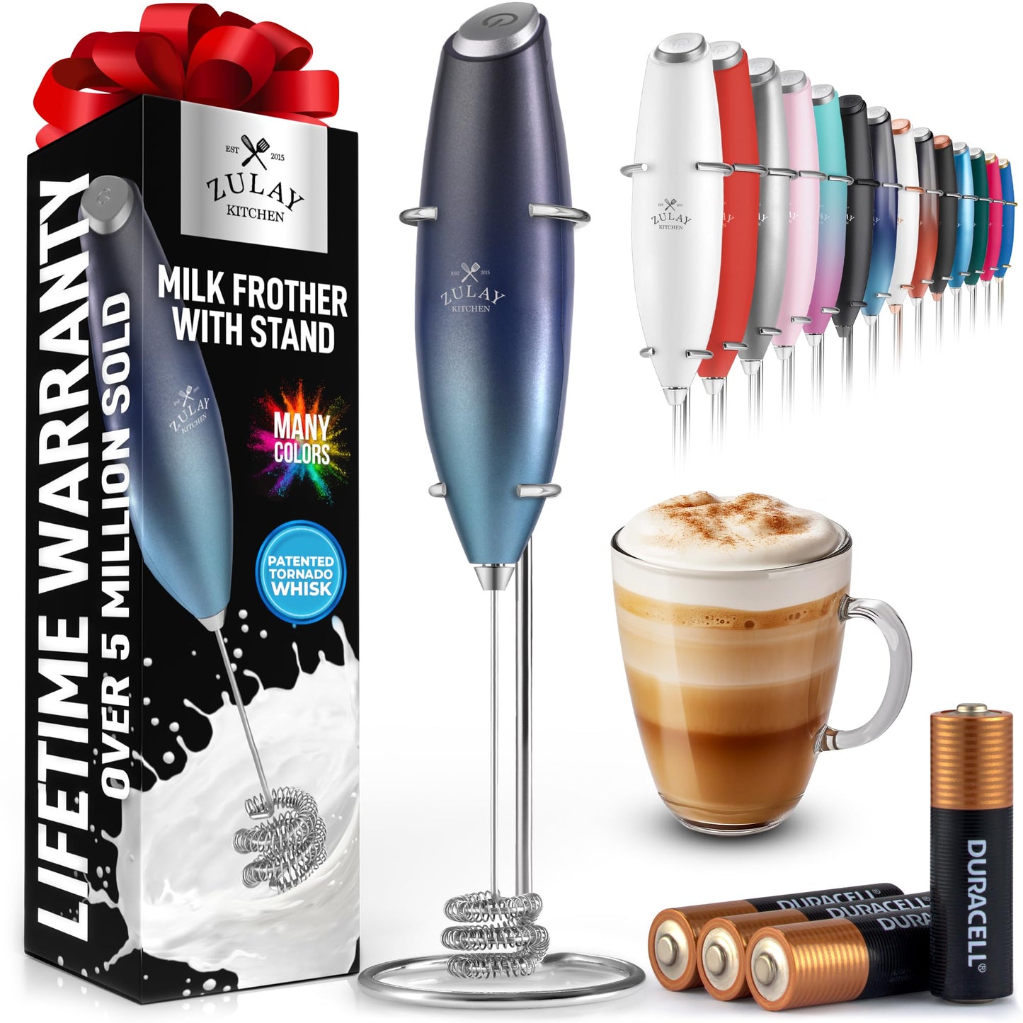 Zulay Kitchen Powerful Milk Frother Wand With 2 Duracell Batteries - Ultra Fast Handheld Drink Mixer - Electric Whisk Foam Maker for Coffee, Lattes, Cappuccino, Matcha, Hot Chocolate & Creamer - Black