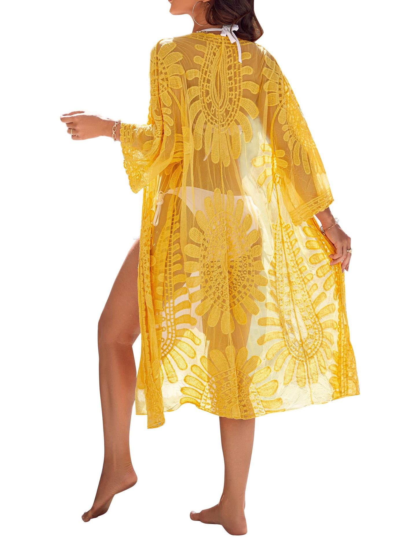 Blooming Jelly Womens Bathing Suit Cover Up 3/4 Sleeve Mesh Swimsuit Coverup Long Floral Beach Lace Kimono Summer Cardigan